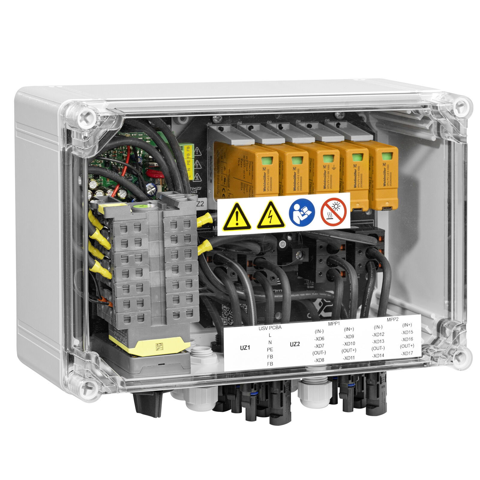 Schalteinheit, Elektronische Baugruppe, Schützmodul, Kabelanschlüsse, Warnhinweis-Schilder