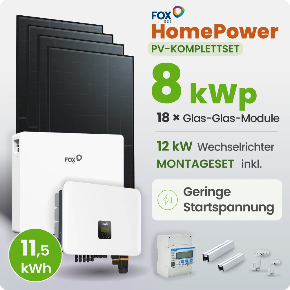 8 kWp FoxEss PV-Anlage 18x 460Wp Glas-Glas Fullblack Schrägdach 11,52kWh Speicher inkl. Smart Meter
