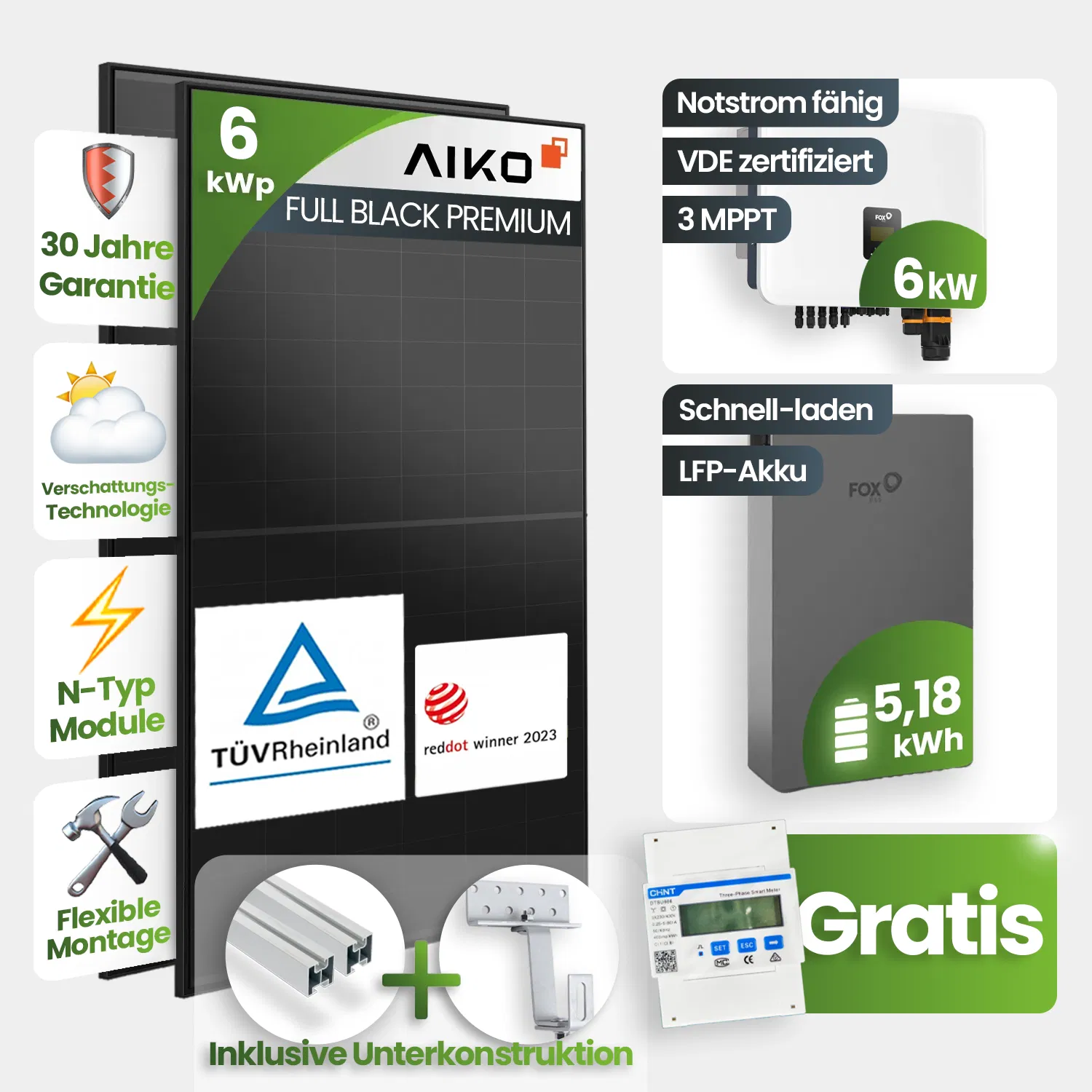 6kWp FoxEss PV-Anlage 13x Aiko 460Wp Glas-Glas Fullblack Schrägdachmontage 5kWh Speicher inkl. Smart Meter 6kWp FoxEss PV-Anlage 13x Aiko 460Wp Glas-Glas Fullblack Schrägdachmontage 5kWh Speicher inkl. Smart Meter