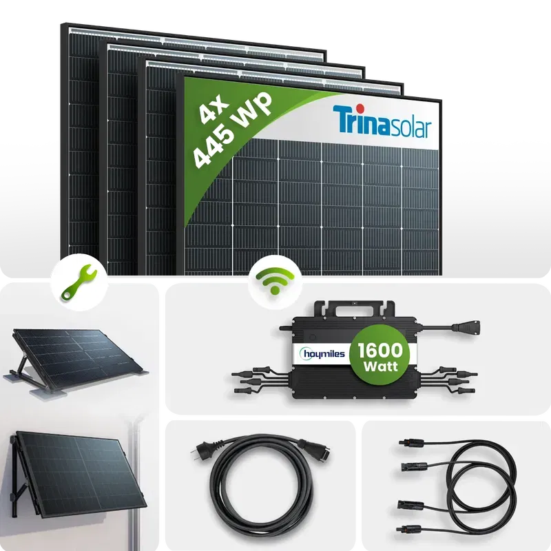 1780Wp Balkonkraftwerk 4x445Wp Trina Bifazial Black Frame Hoymiles HMS-1600W Flachdach/Wandmontage