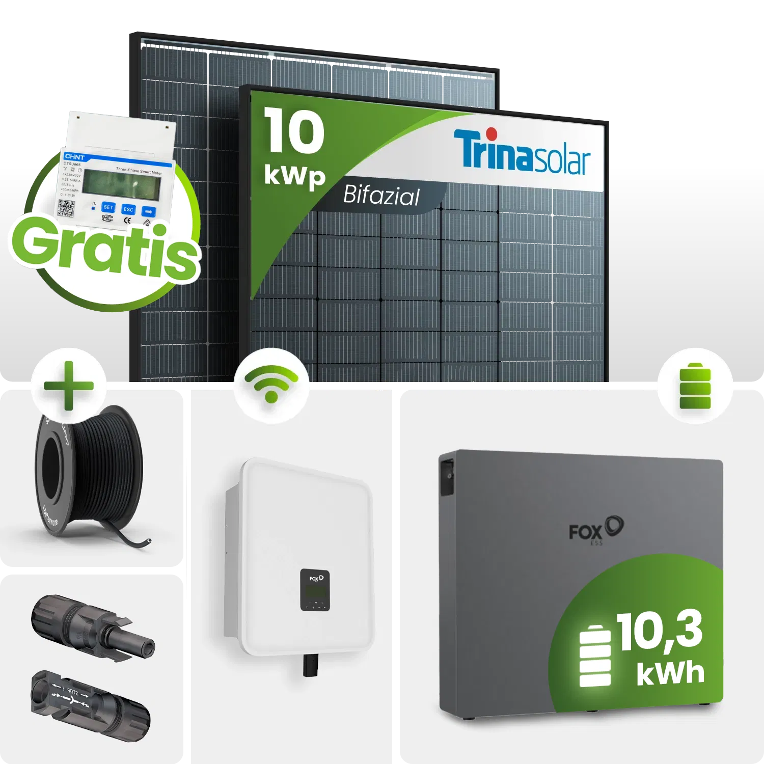 10 kWp FoxEss PV-Anlage 23x Trina 435Wp Bifazial Black Frame 10kWh Speicher Notstromfähig Speicher erweiterbar 10 kWp FoxEss PV-Anlage 23x Trina 435Wp Bifazial Black Frame 10kWh Speicher Notstromfähig Speicher erweiterbar