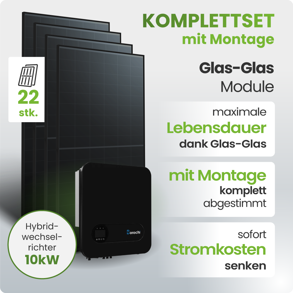 Solarmodule, Glas-Glas, Hybrid-Wechselrichter, 10 kW, Stromkosten