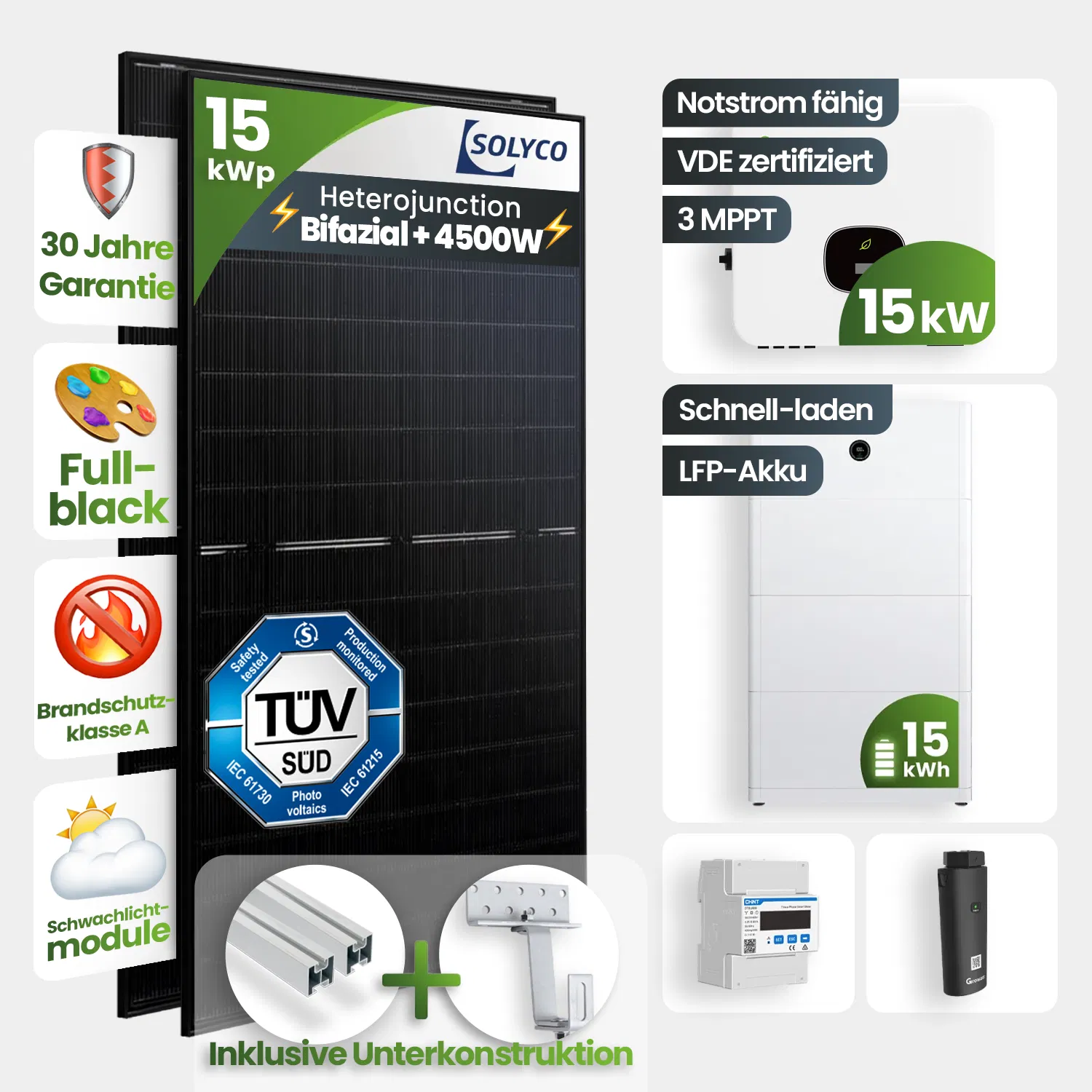 15 kWp Growatt PV-Anlage 30x Solyco 500Wp Glas-Glas Bifazial Fulblack mit 15 kWh Speicher 15 kWp Growatt PV-Anlage 30x Solyco 500Wp Glas-Glas Bifazial Fulblack mit 15 kWh Speicher
