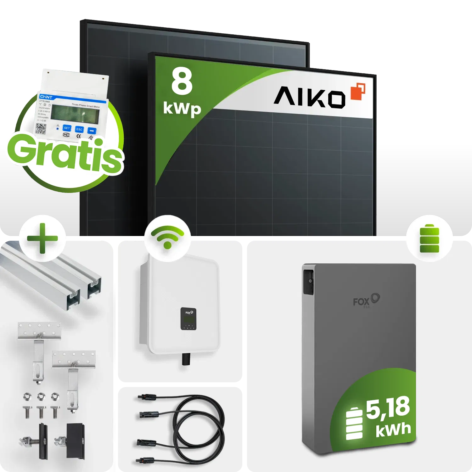 8 kWp FoxEss PV-Anlage 17x Aiko 460Wp Glas-Glas Fullblack Schrägdach 5kWh Speicher inkl. Smart Meter 8 kWp FoxEss PV-Anlage 17x Aiko 460Wp Glas-Glas Fullblack Schrägdach 5kWh Speicher inkl. Smart Meter