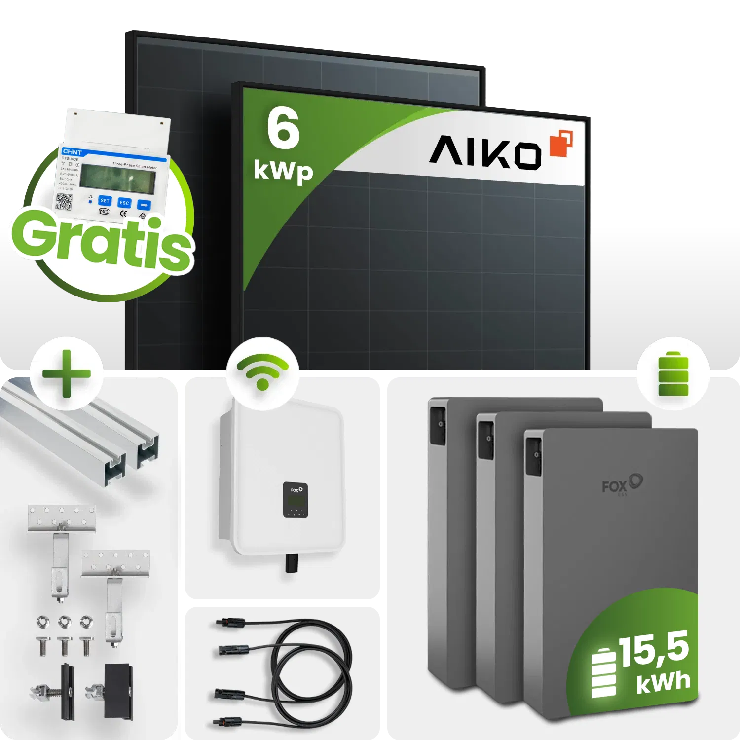 6kWp FoxEss PV-Anlage 13x Aiko 460Wp Glas-Glas Fullblack Schrägdachmontage 15kWh Speicher inkl. Smart Meter 6kWp FoxEss PV-Anlage 13x Aiko 460Wp Glas-Glas Fullblack Schrägdachmontage 15kWh Speicher inkl. Smart Meter