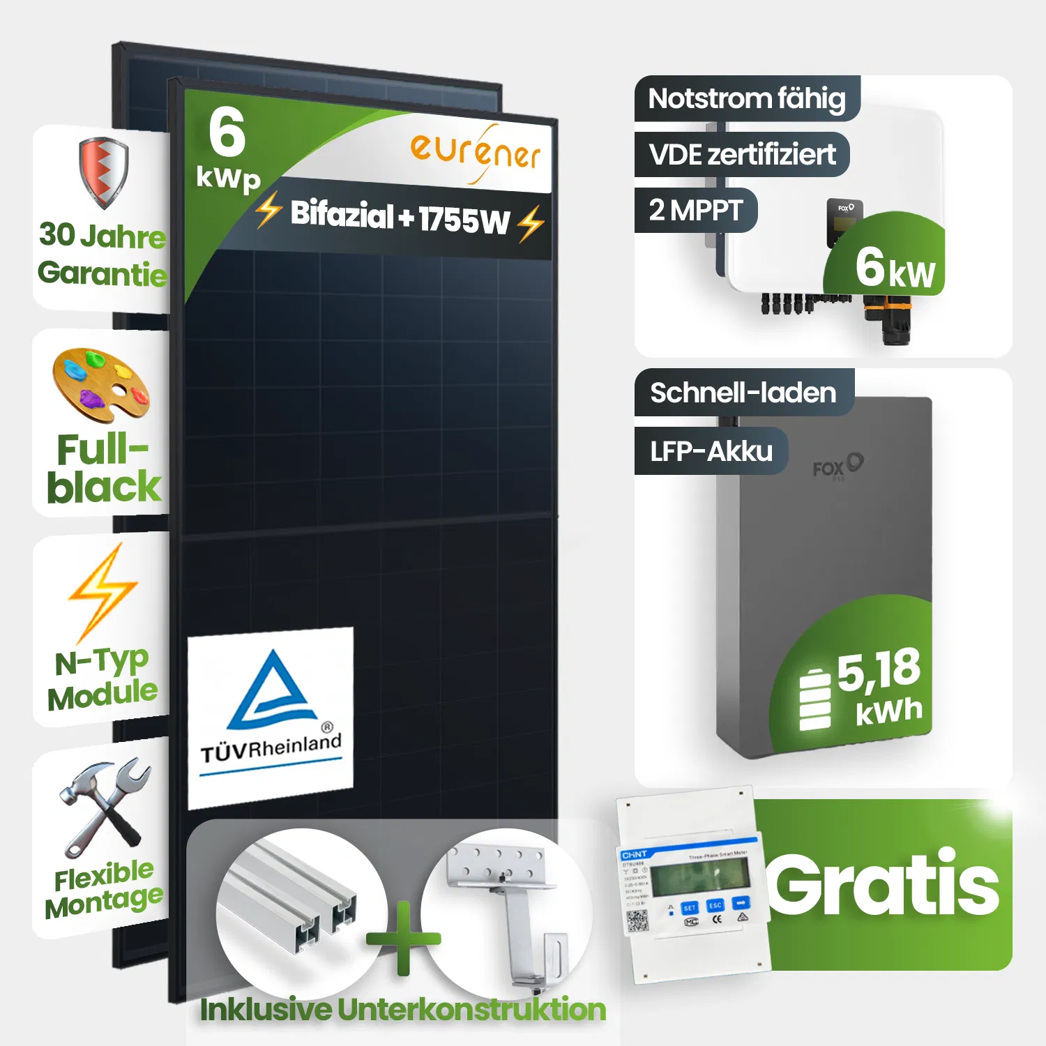 6kWp FoxEss PV-Anlage 13x Eurener 450Wp ULTRA Bifazial Schrägdachmontage 5kWh Speicher inkl. Smart Meter 6kWp FoxEss PV-Anlage 13x Eurener 450Wp ULTRA Bifazial Schrägdachmontage 5kWh Speicher inkl. Smart Meter