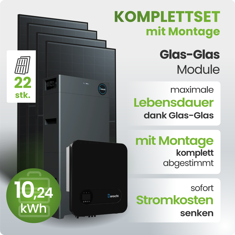 Solaranlage, Glas-Glas Module, Stromspeicher, 10,24 kWh, Montage inkl.