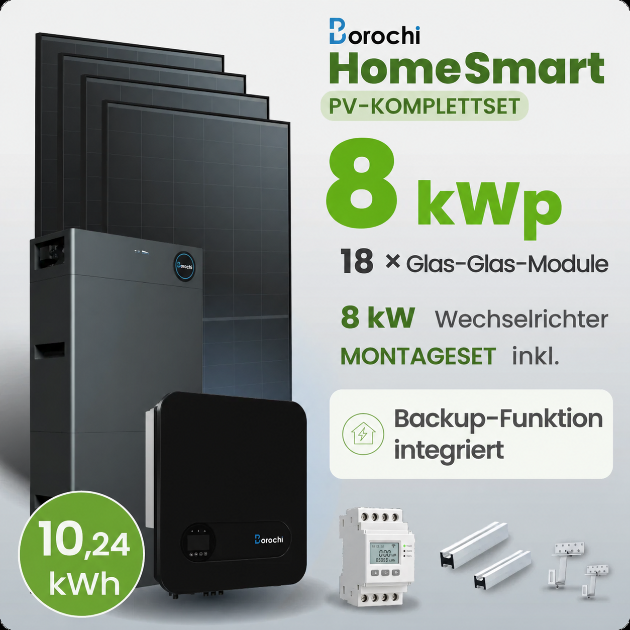 Photovoltaik-Komplettset, Glas-Glas-Module, 8-kW-Wechselrichter, 10,24-kWh-Speicher, Backup-Funktion