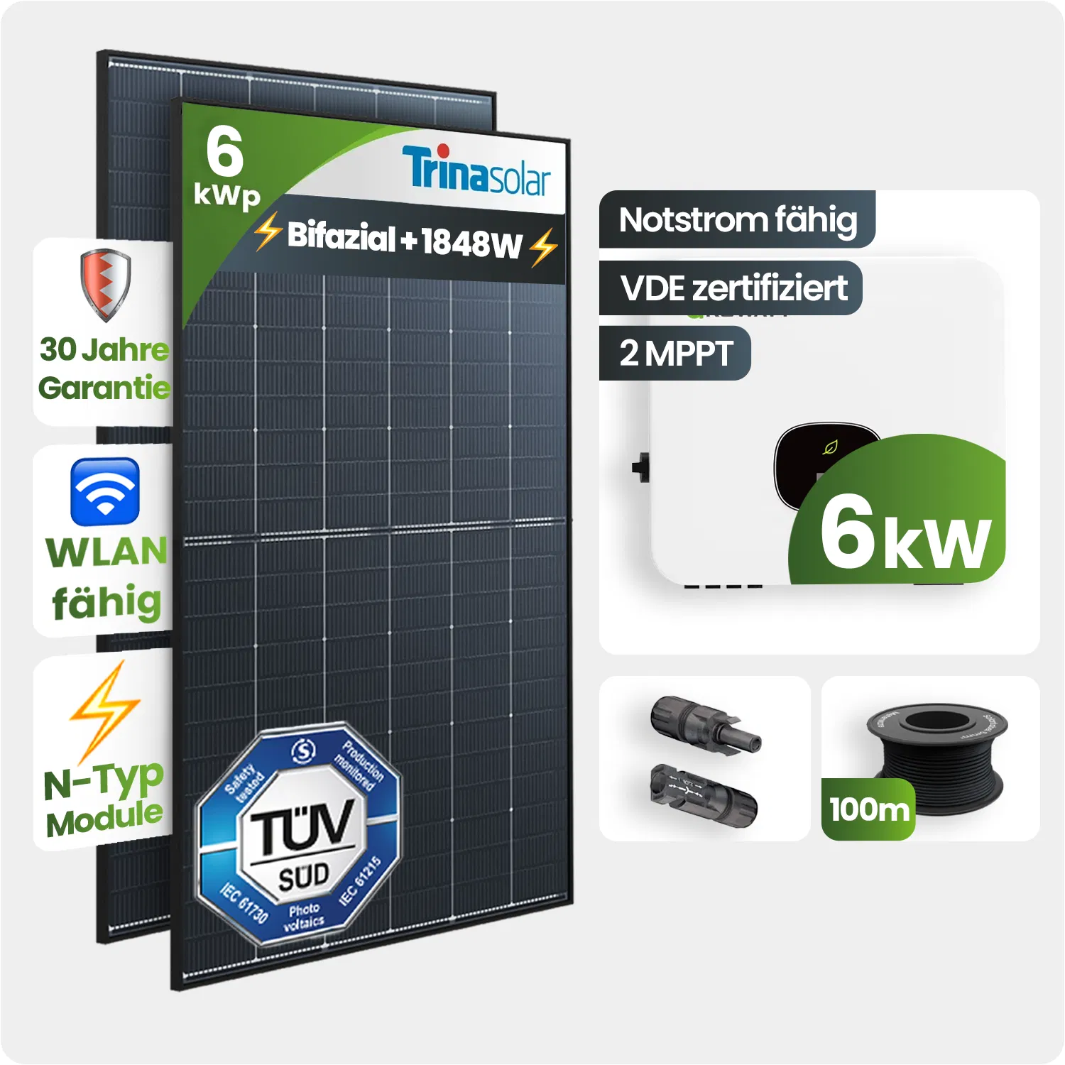 6kWp Growatt PV-Anlage 14x Trina 440Wp Glas-Glas Bifazial Notstromfähig Speicher erweiterbar 6kWp Growatt PV-Anlage 14x Trina 440Wp Glas-Glas Bifazial Notstromfähig Speicher erweiterbar