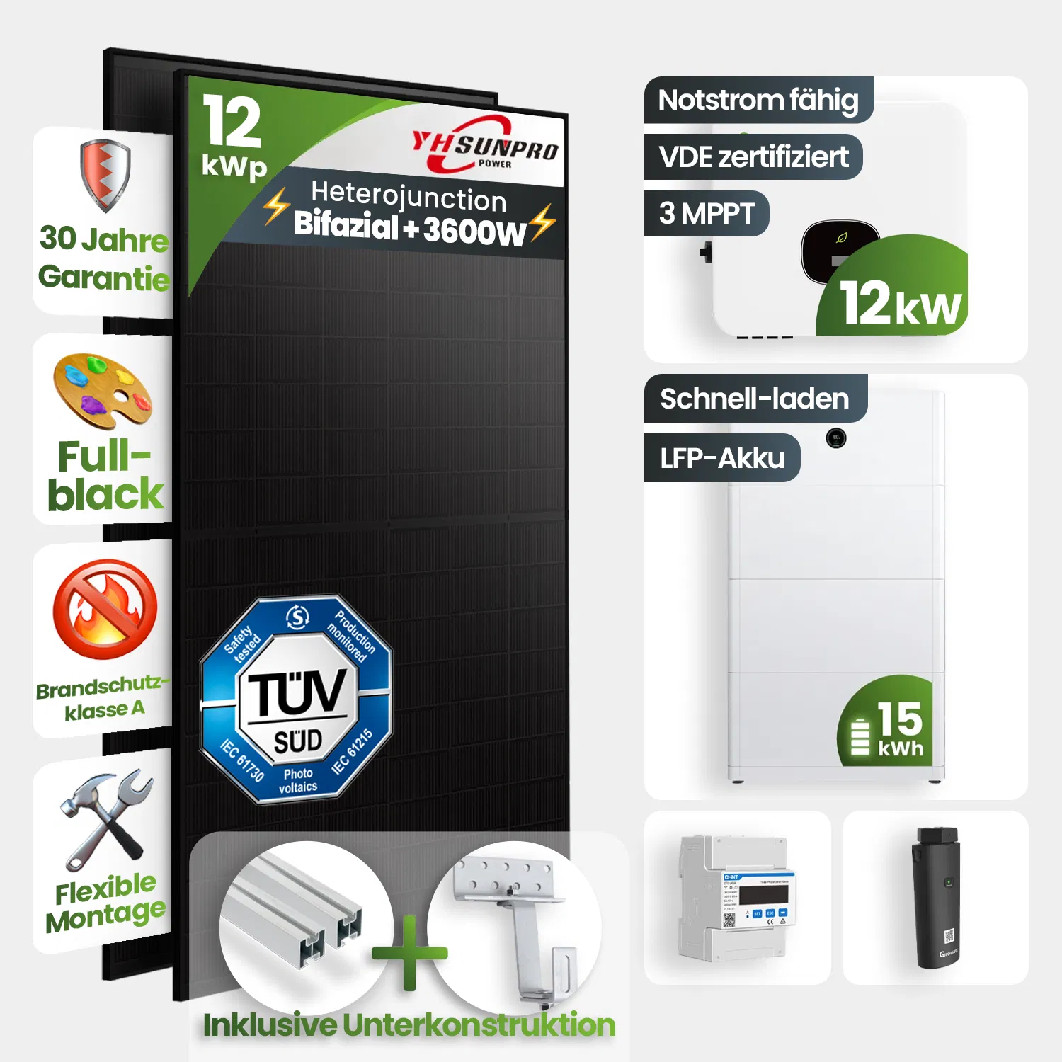 12 kWp Growatt PV-Anlage 24x Sunpro 500Wp Glas-Glas Bifazial Fulblack mit 15kWh Speicher 12 kWp Growatt PV-Anlage 24x Sunpro 500Wp Glas-Glas Bifazial Fulblack mit 15kWh Speicher