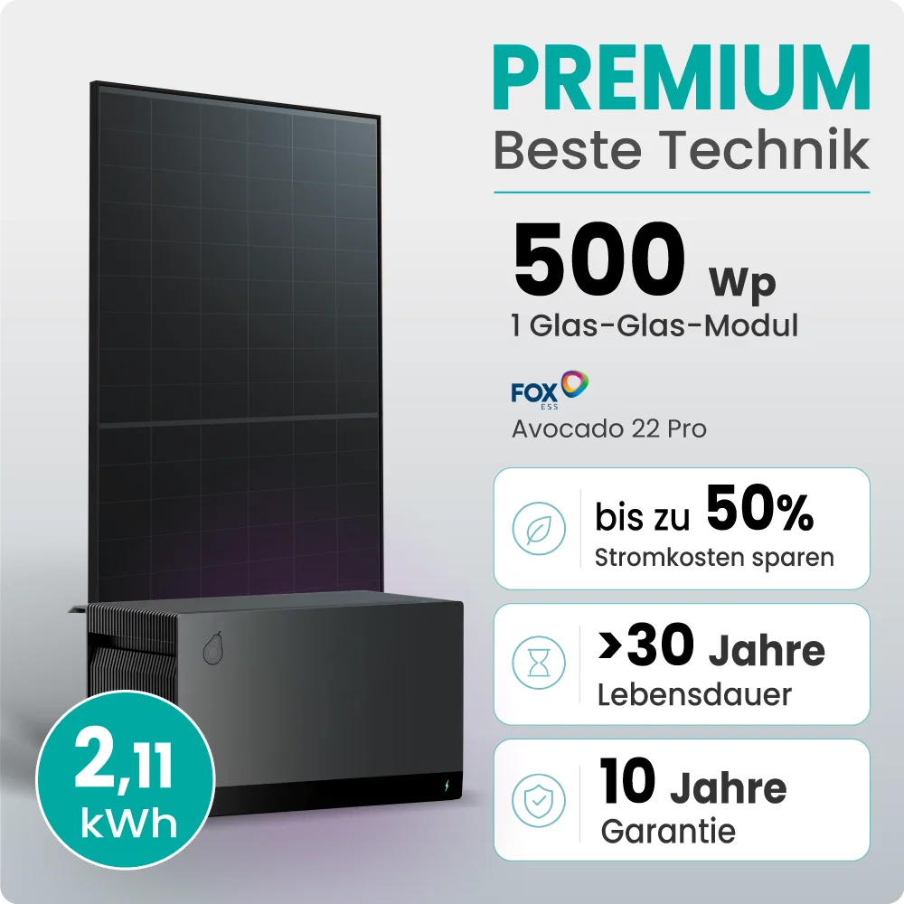 Tepto 500W Balkonkraftwerk Premium mit FoxEss Avocado 22 Pro 2,11kWh Speicher