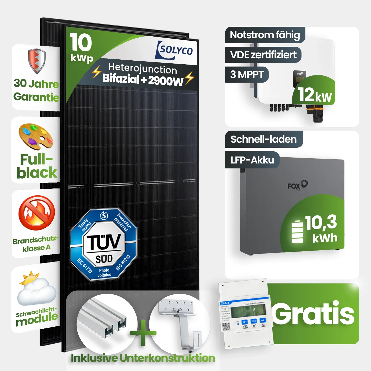 10 kWp FoxEss PV-Anlage 22x Solyco 445Wp HJT Bifazial Fullblack 10kWh Speicher inkl. Smart Meter 10 kWp FoxEss PV-Anlage 22x Solyco 445Wp HJT Bifazial Fullblack 10kWh Speicher inkl. Smart Meter