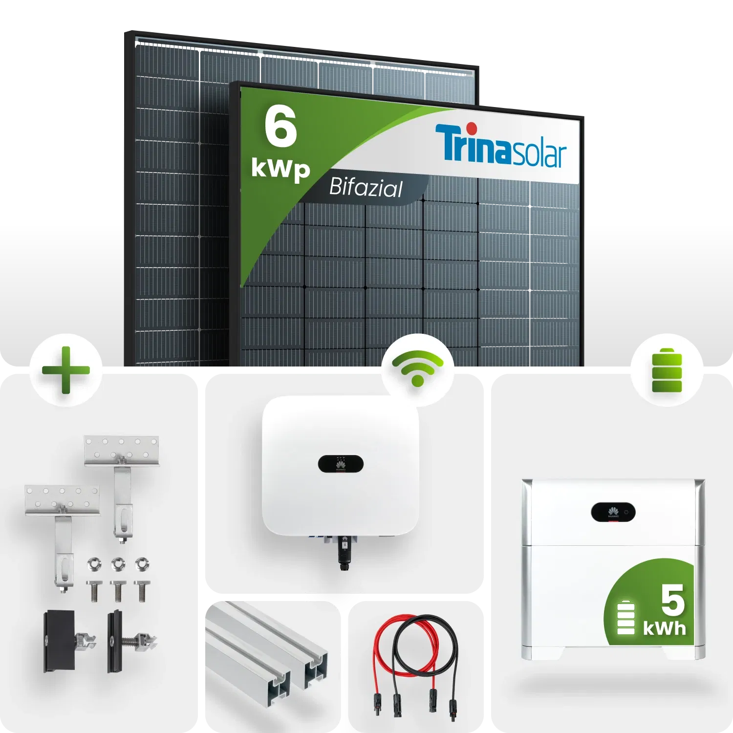 6kWp Huawei PV-Anlage 14x Trina 435Wp Glas-Glas Black Frame Schrägdachmontage 5kWh Speicher 6kWp Huawei PV-Anlage 14x Trina 435Wp Glas-Glas Black Frame Schrägdachmontage 5kWh Speicher