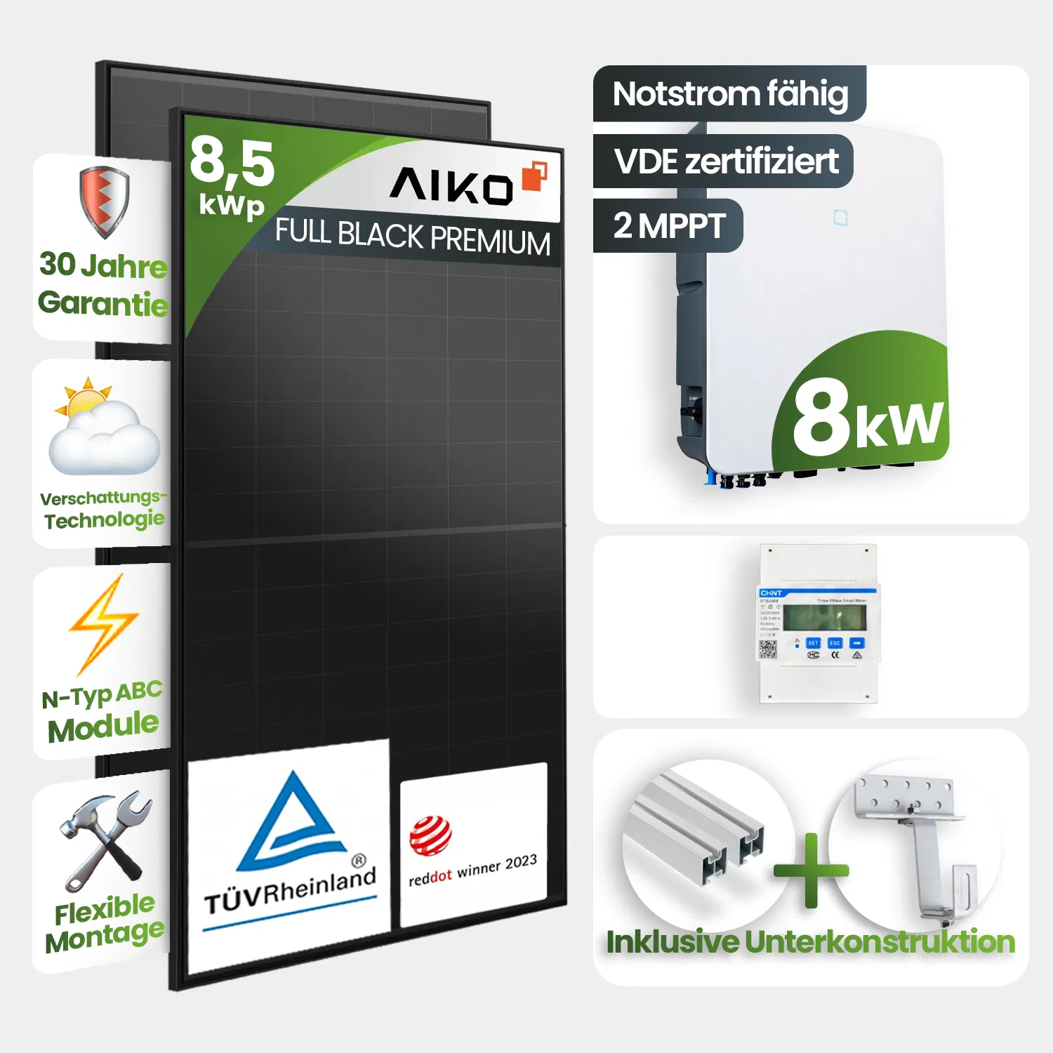 8kWp Sungrow PV-Anlage 18x Aiko 460Wp A-MAH54Db Fullblack Schrägdachmontage 8kWp Sungrow PV-Anlage 18x Aiko 460Wp A-MAH54Db Fullblack Schrägdachmontage