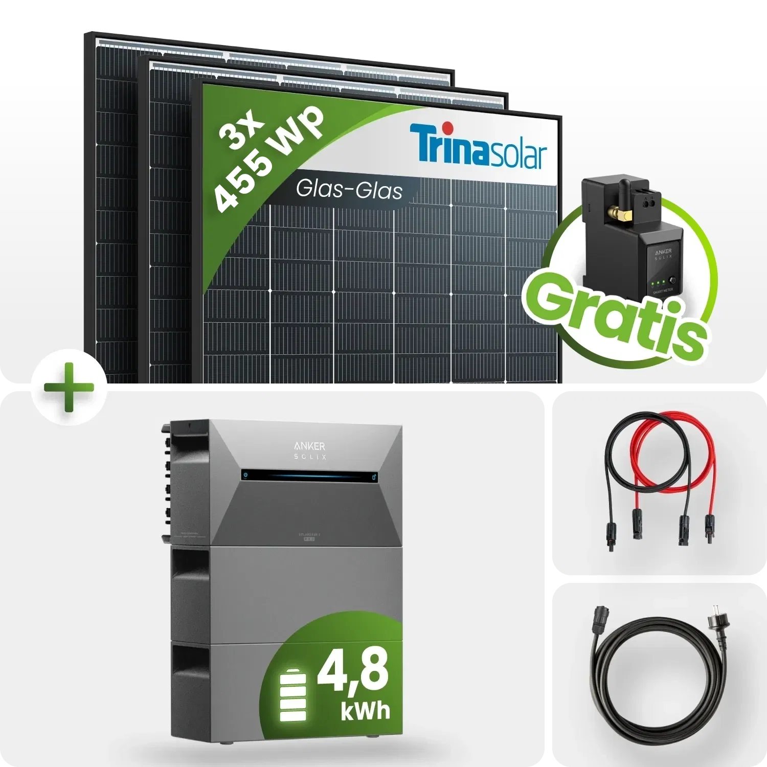 1365Wp Balkonkraftwerk 4,8kWh Speicher Anker Solarbank 2 –3x455Wp Trina Black Frame