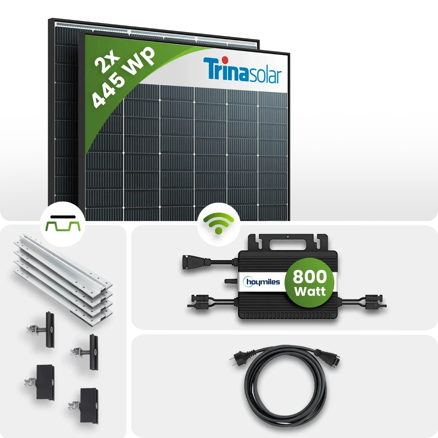 890Wp Balkonkraftwerk 2x445Wp Trina Bifazial Black Frame Hoymiles HMS-800W Trapezdachmontage