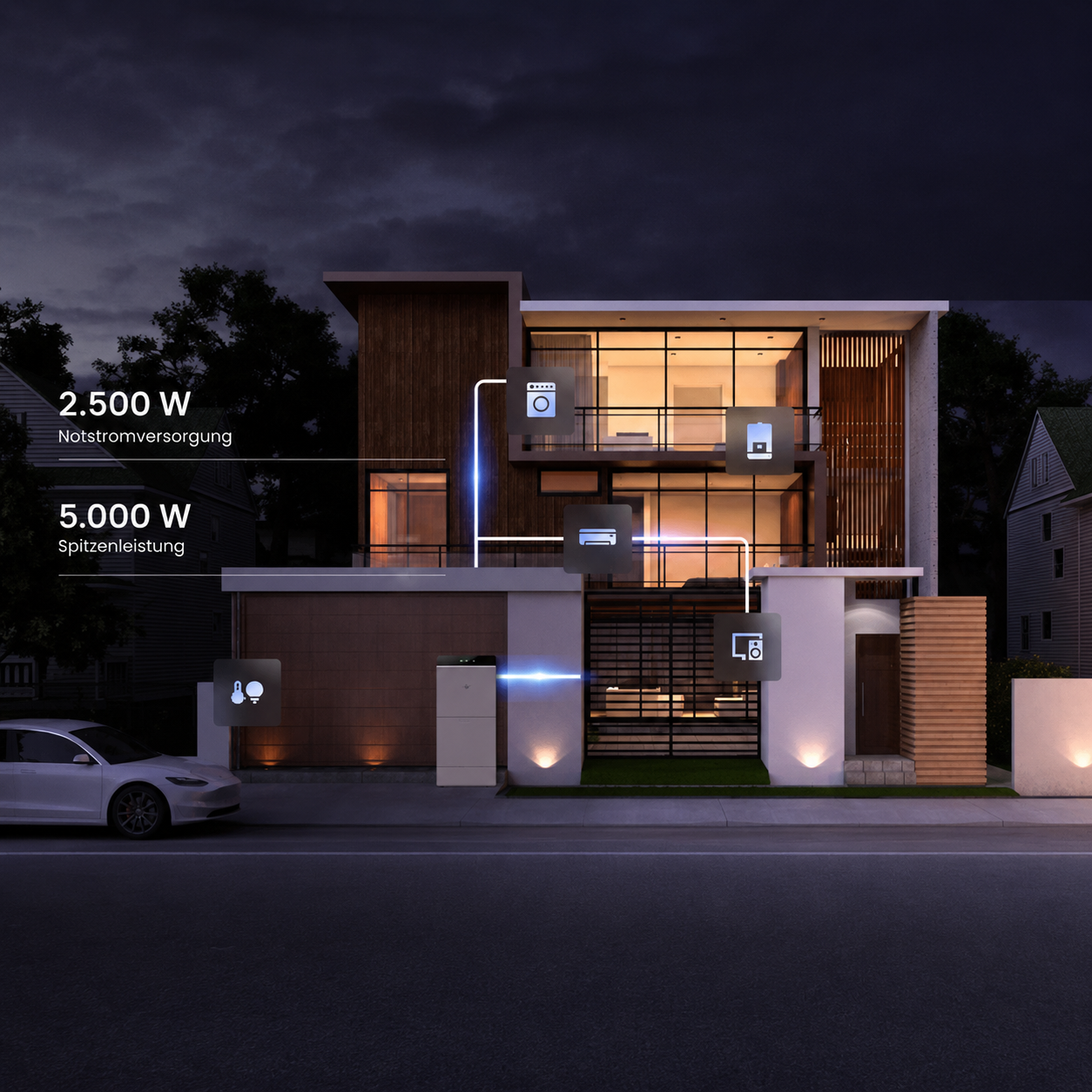 Haus, Smart Home, Elektrik, Außenansicht, Nachtaufnahme, Smart Home, Hausautomation, Energieversorgung, LED-Beleuchtung, Stromversorgung, Smart Home, Haus-Szene, Energieanzeige, Verdrahtungsdiagramm, Modernes Haus
