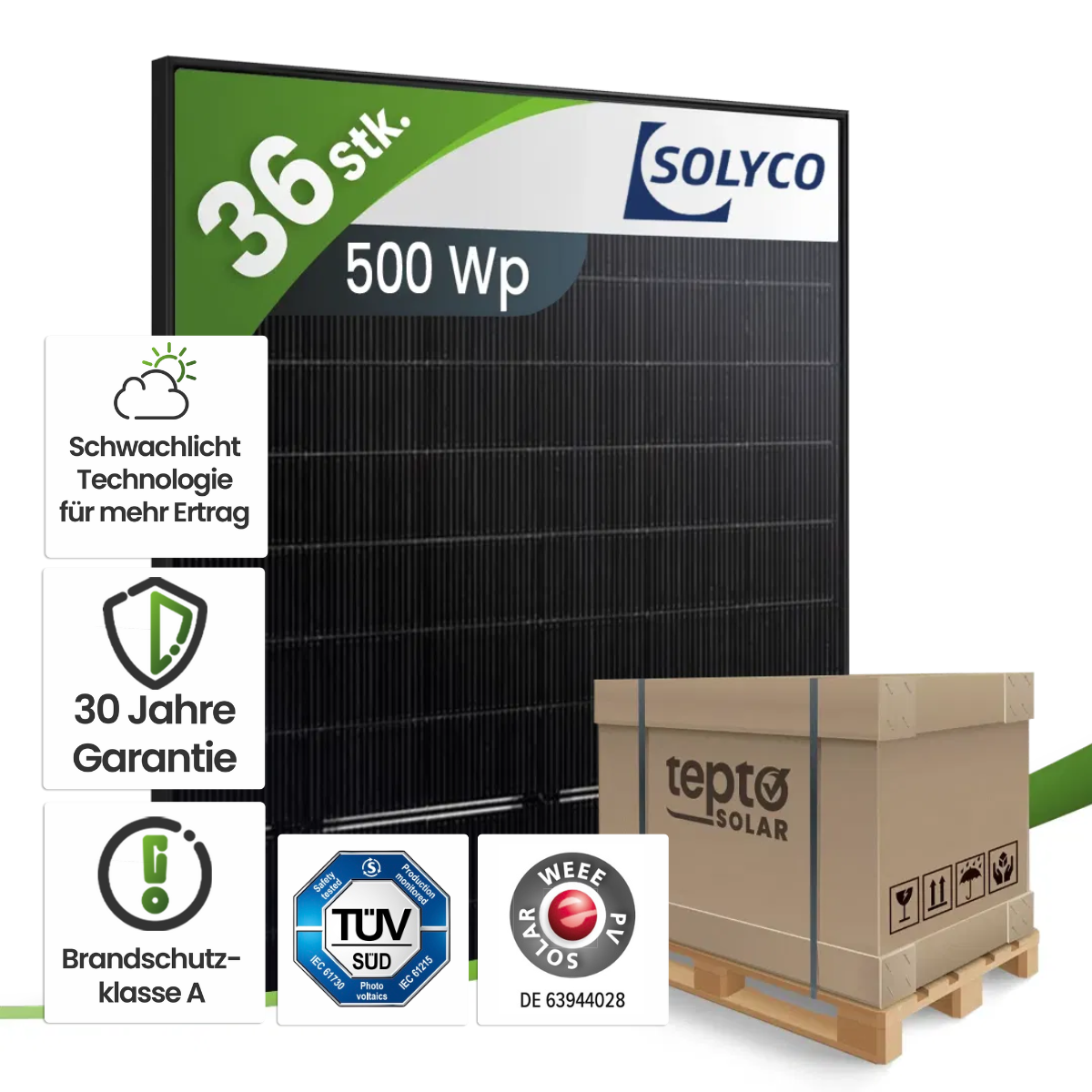 Solyco R-BG 108.h5 / 500Wp Bifazial Heterojunction Fullblack (Palette) Kiste, Karton, Lieferung des Pakets, Person