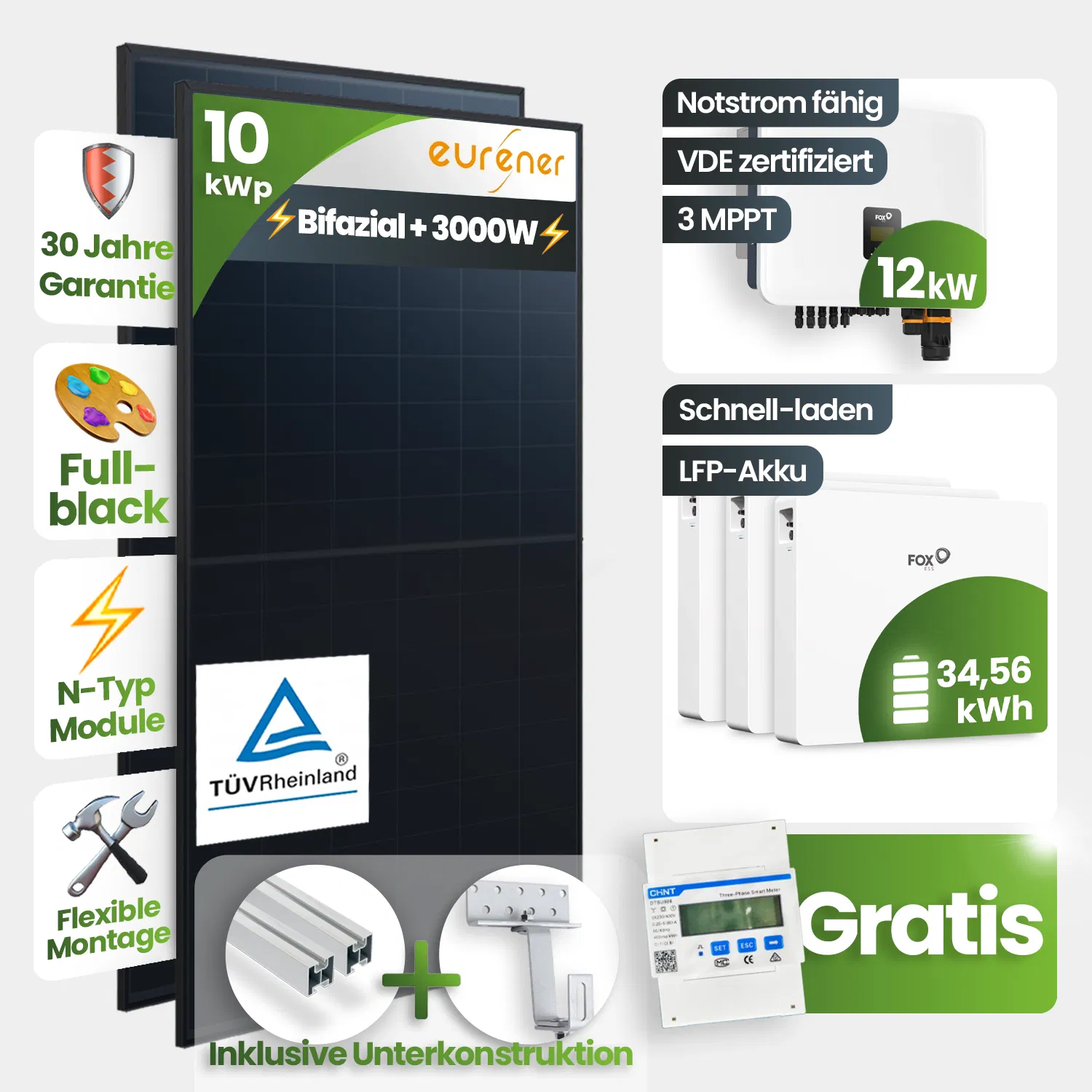 10kWp FoxEss PV-Anlage 22x Eurener 450Wp ULTRA Bifazial Schrägdachmontage 34,56kWh Speicher inkl. Smart Meter 10kWp FoxEss PV-Anlage 22x Eurener 450Wp ULTRA Bifazial Schrägdachmontage 34,56kWh Speicher inkl. Smart Meter