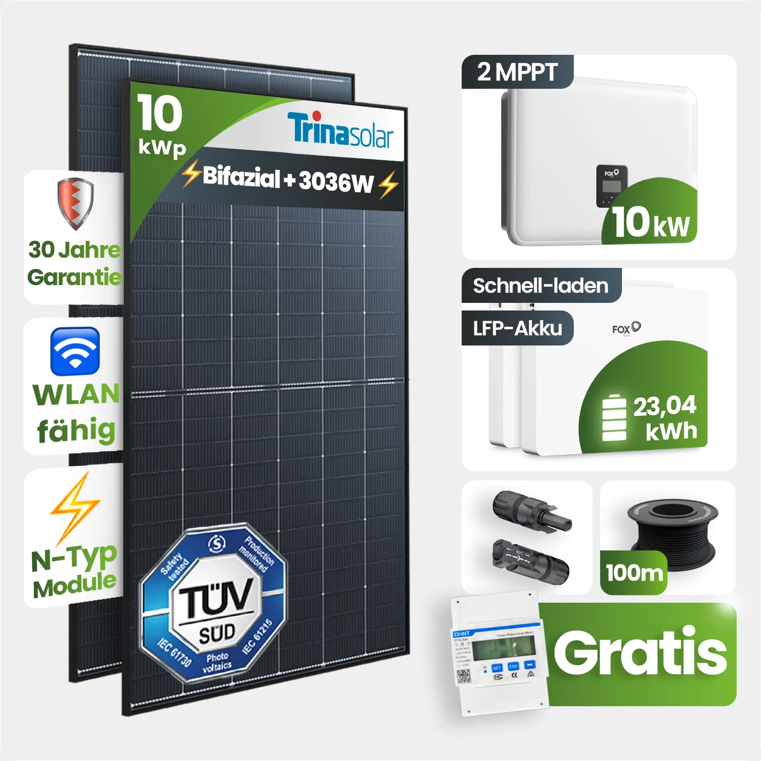 10 kWp FoxEss PV-Anlage 23x Trina 440Wp Bifazial Black Frame 23,04kWh Speicher Notstromfähig Speicher erweiterbar