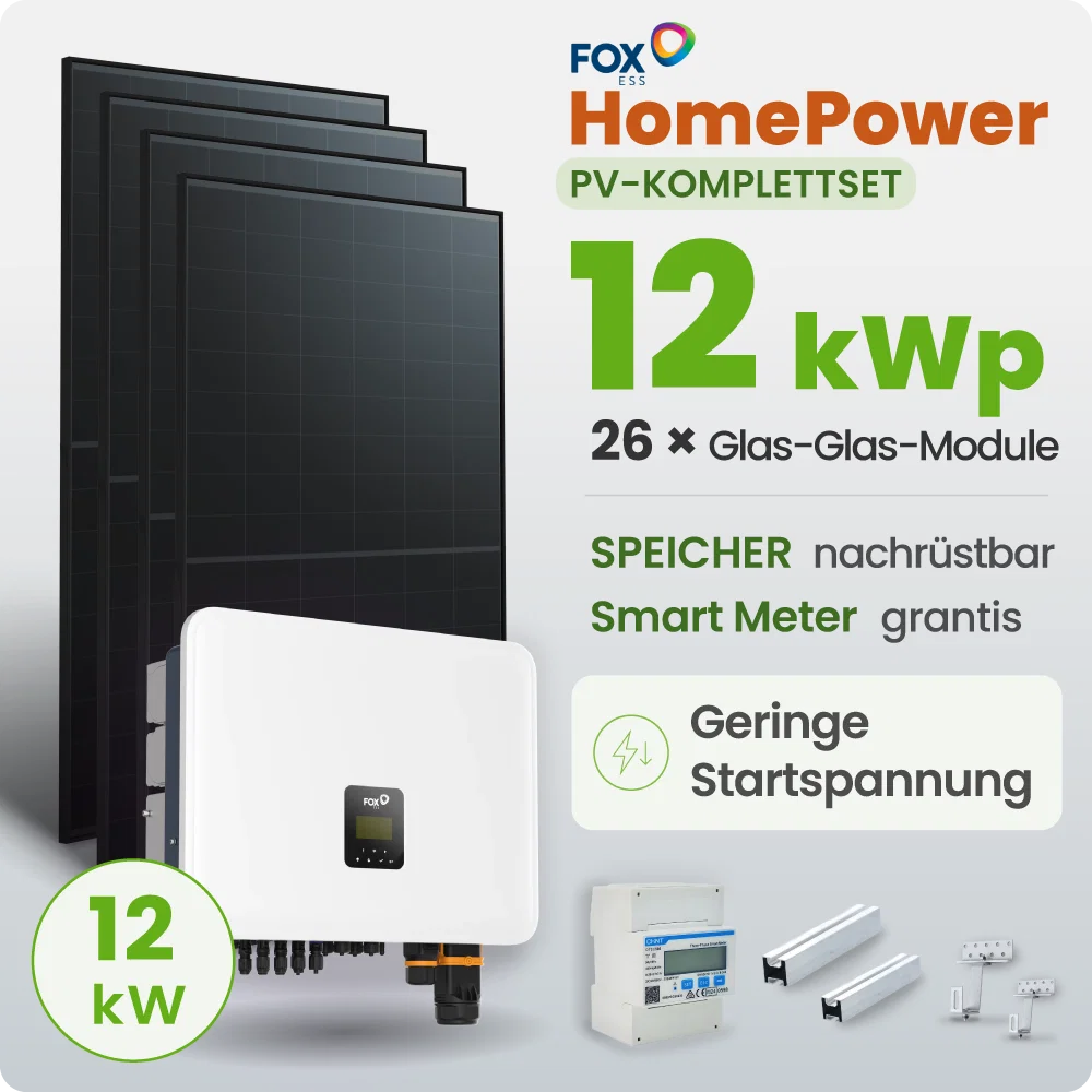 12 kWp FoxEss PV-Anlage 26x 460Wp Glas-Glas Fullblack inkl. Smart Meter