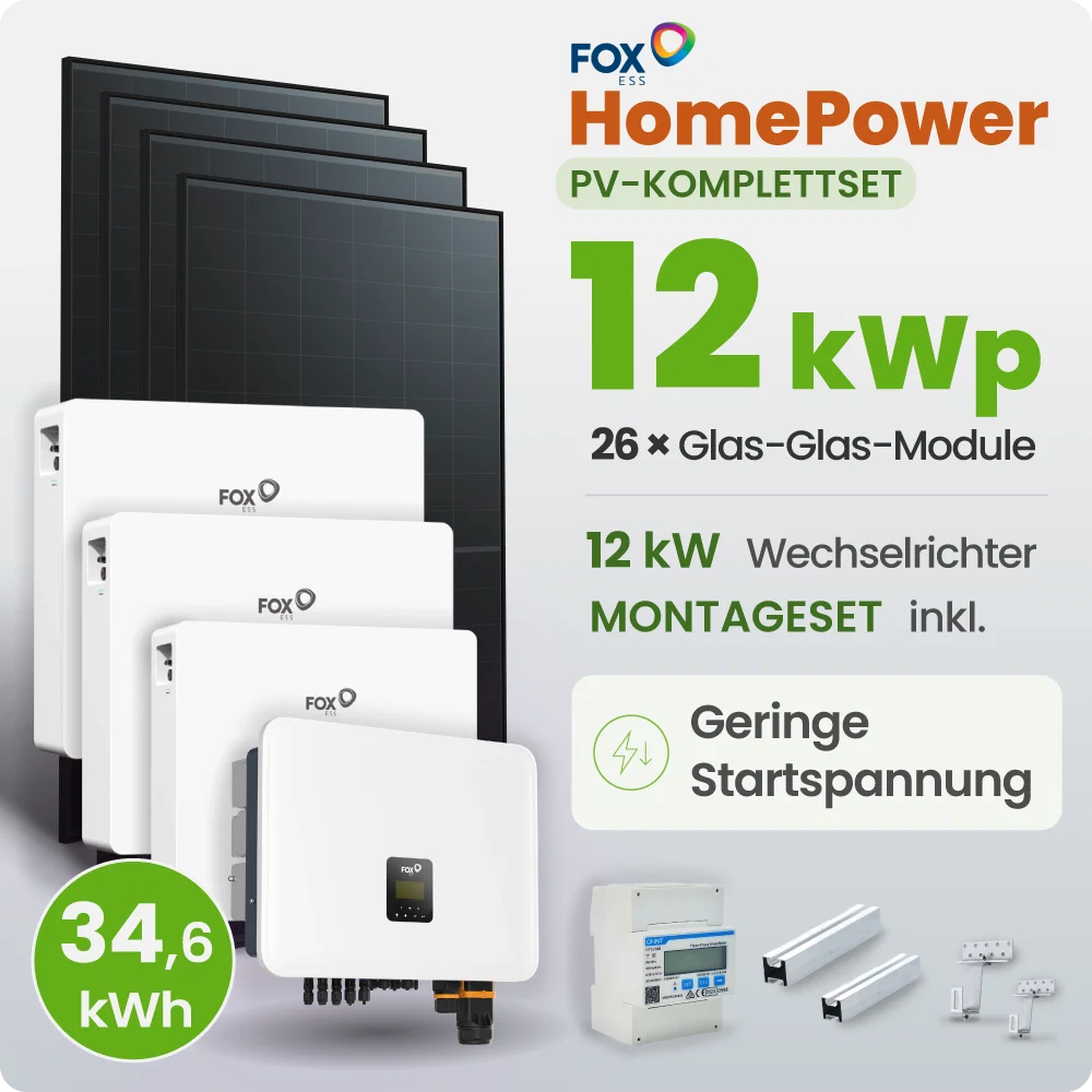 12 kWp FoxEss PV-Anlage 26x 460Wp Glas-Glas Fullblack 34,56kWh Speicher inkl. Smart Meter