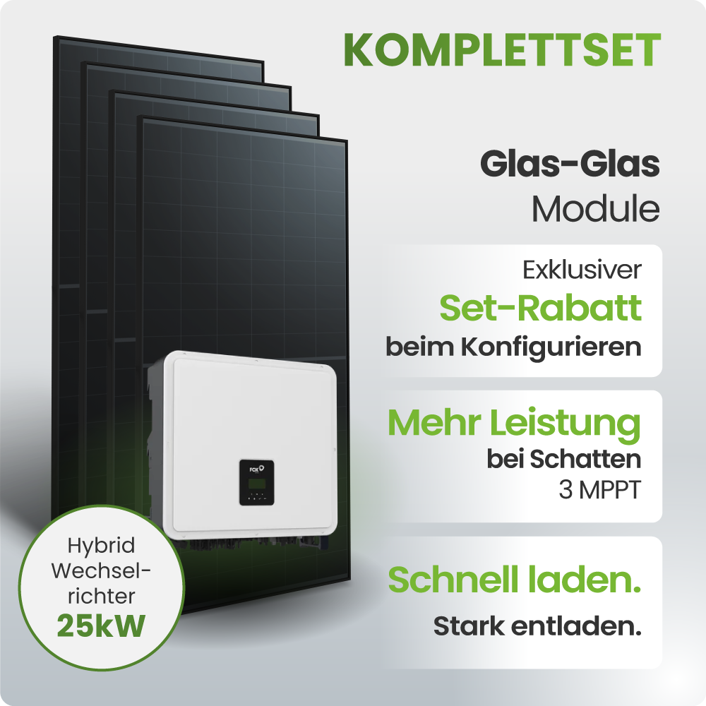 Solarmodule, Glas-Glas Modul, Hybrid-Wechselrichter, 25kW, Set-Rabatt
