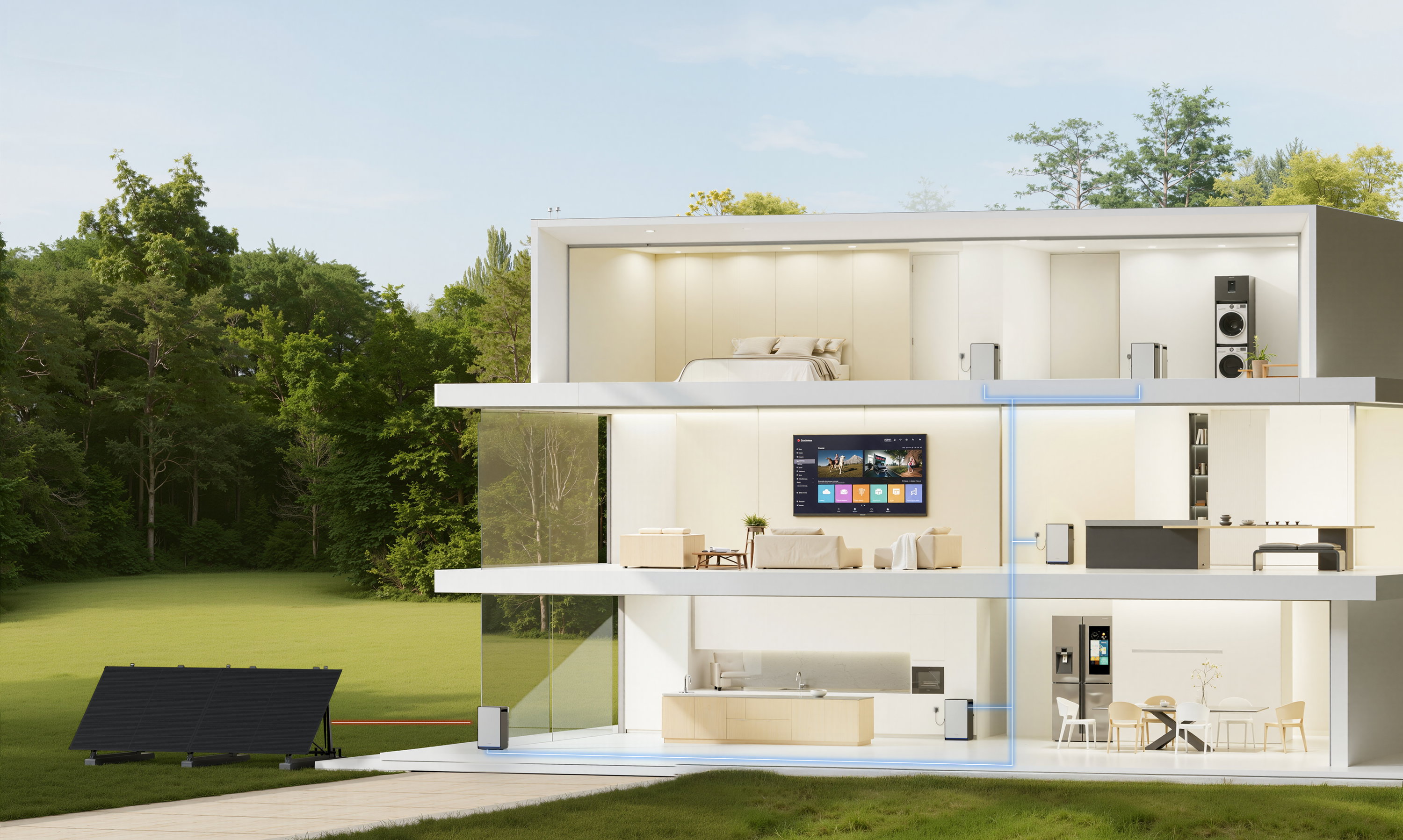 haus, modernes haus, großes wohnzimmer, solaranlage, glass balcony