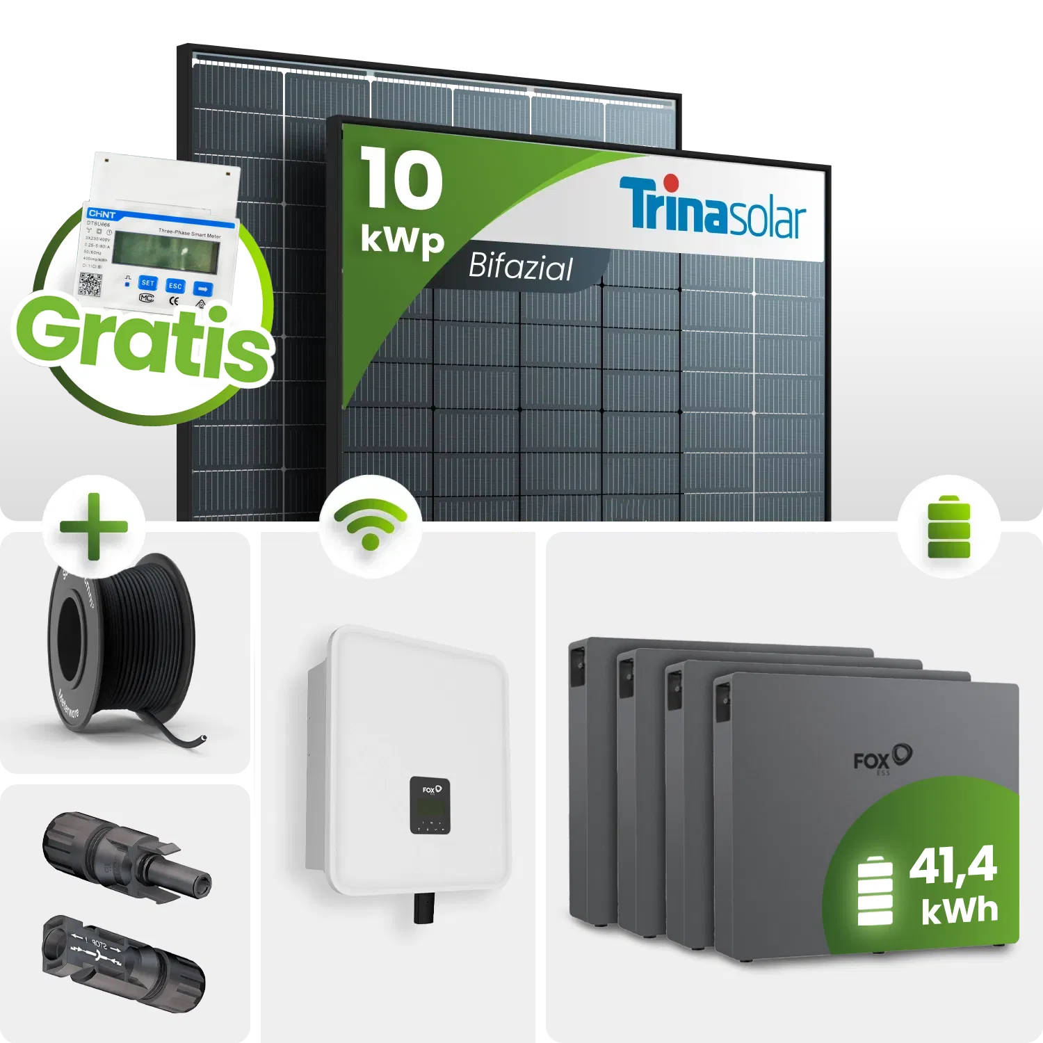 10 kWp FoxEss PV-Anlage 23x Trina 435Wp Bifazial Black Frame 40kWh Speicher Notstromfähig Speicher erweiterbar 10 kWp FoxEss PV-Anlage 23x Trina 435Wp Bifazial Black Frame 40kWh Speicher Notstromfähig Speicher erweiterbar