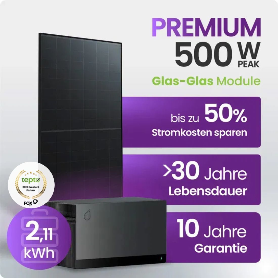 Tepto 500W Balkonkraftwerk Premium mit FoxEss Avocado 22 Pro 2,11kWh Speicher