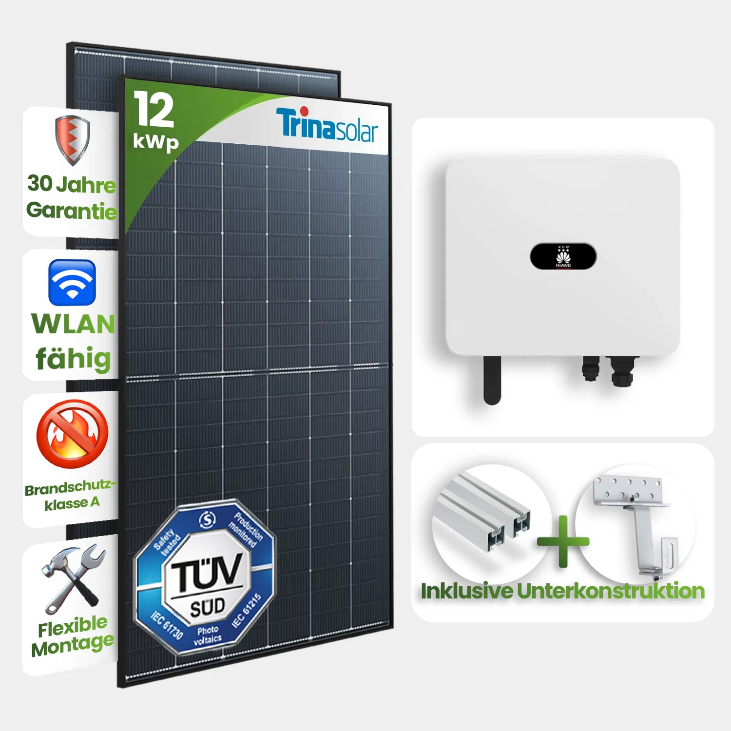 12 kWp Huawei PV-Anlage 27x Trina 455Wp Glas-Glas Black Frame Speicherfähig 12 kWp Huawei PV-Anlage 27x Trina 455Wp Glas-Glas Black Frame Speicherfähig