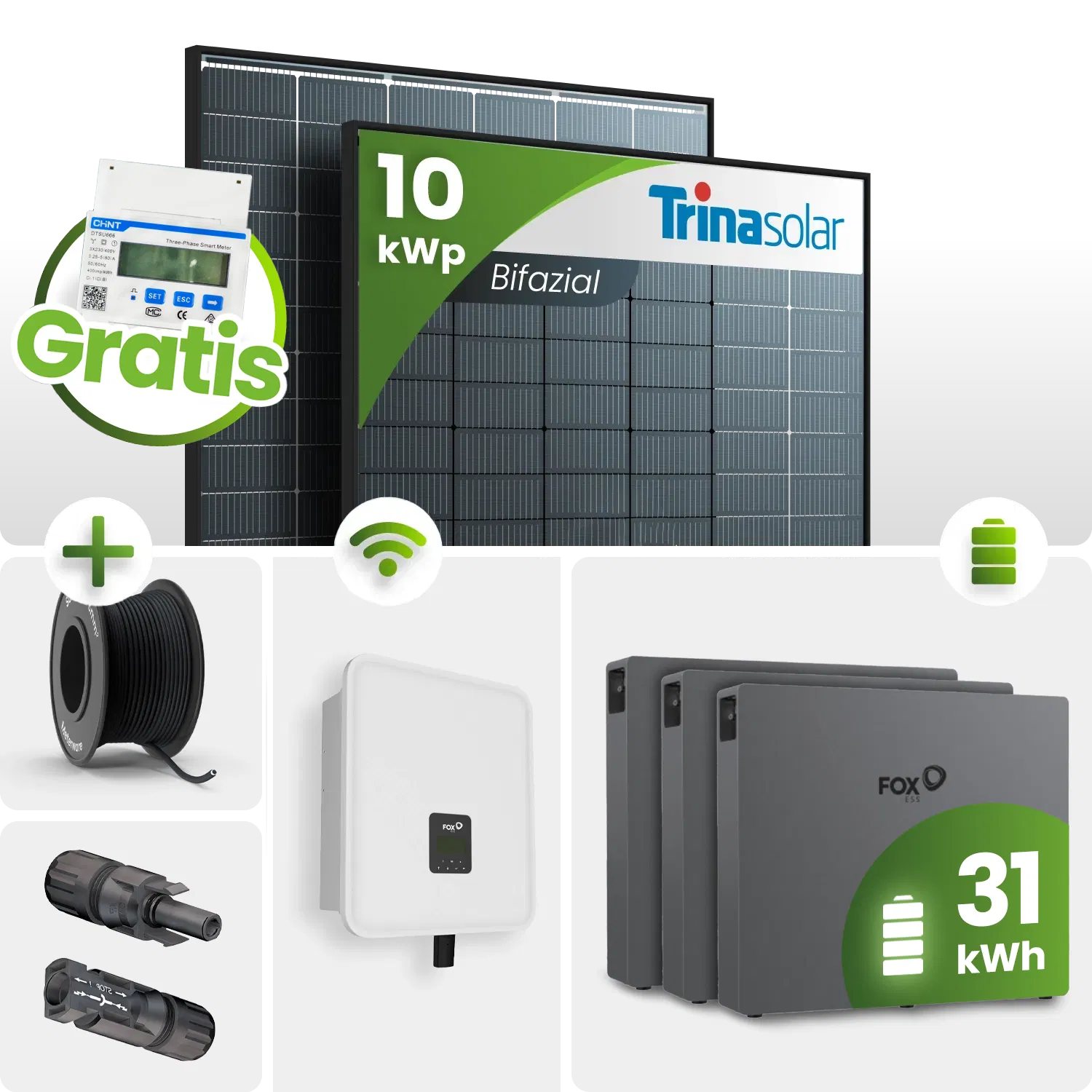 10 kWp FoxEss PV-Anlage 23x Trina 435Wp Bifazial Black Frame 30kWh Speicher Notstromfähig Speicher erweiterbar 10 kWp FoxEss PV-Anlage 23x Trina 435Wp Bifazial Black Frame 30kWh Speicher Notstromfähig Speicher erweiterbar