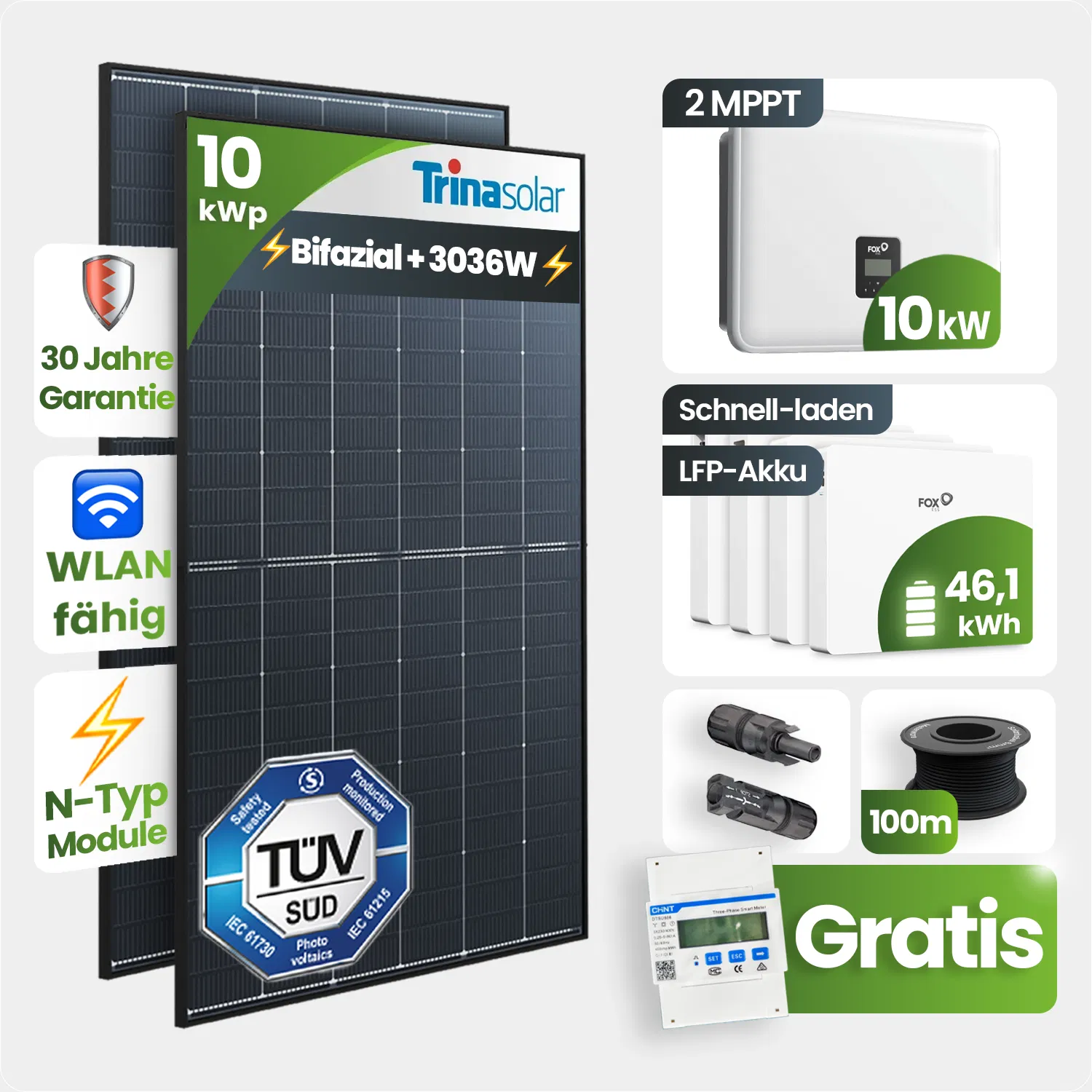10 kWp FoxEss PV-Anlage 23x Trina 440Wp Bifazial Black Frame 46,08kWh Speicher Notstromfähig Speicher erweiterbar