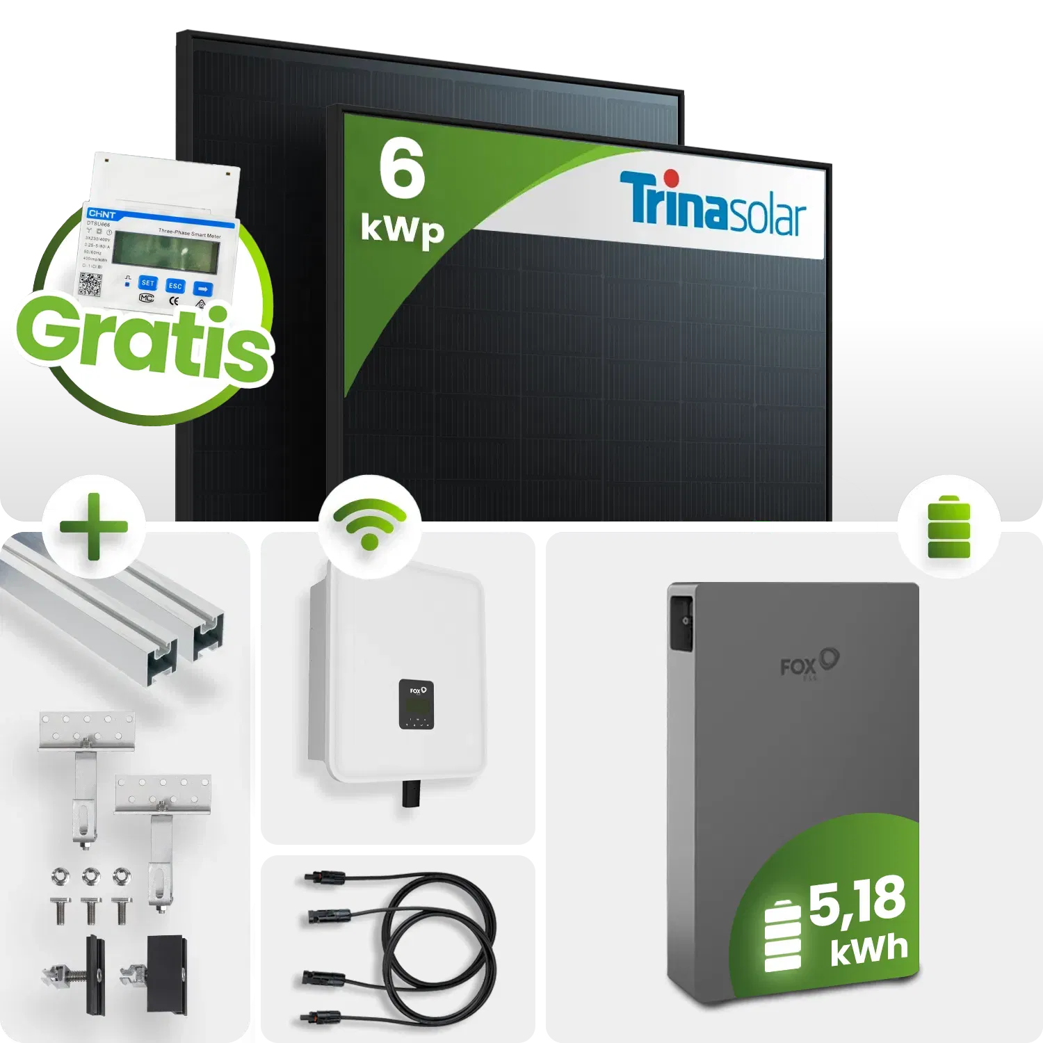 6kWp FoxEss PV-Anlage 13x Trina 450Wp Glas-Glas Fullblack Schrägdachmontage 5 kWh Speicher inkl. Smart Meter 6kWp FoxEss PV-Anlage 13x Trina 450Wp Glas-Glas Fullblack Schrägdachmontage 5 kWh Speicher inkl. Smart Meter