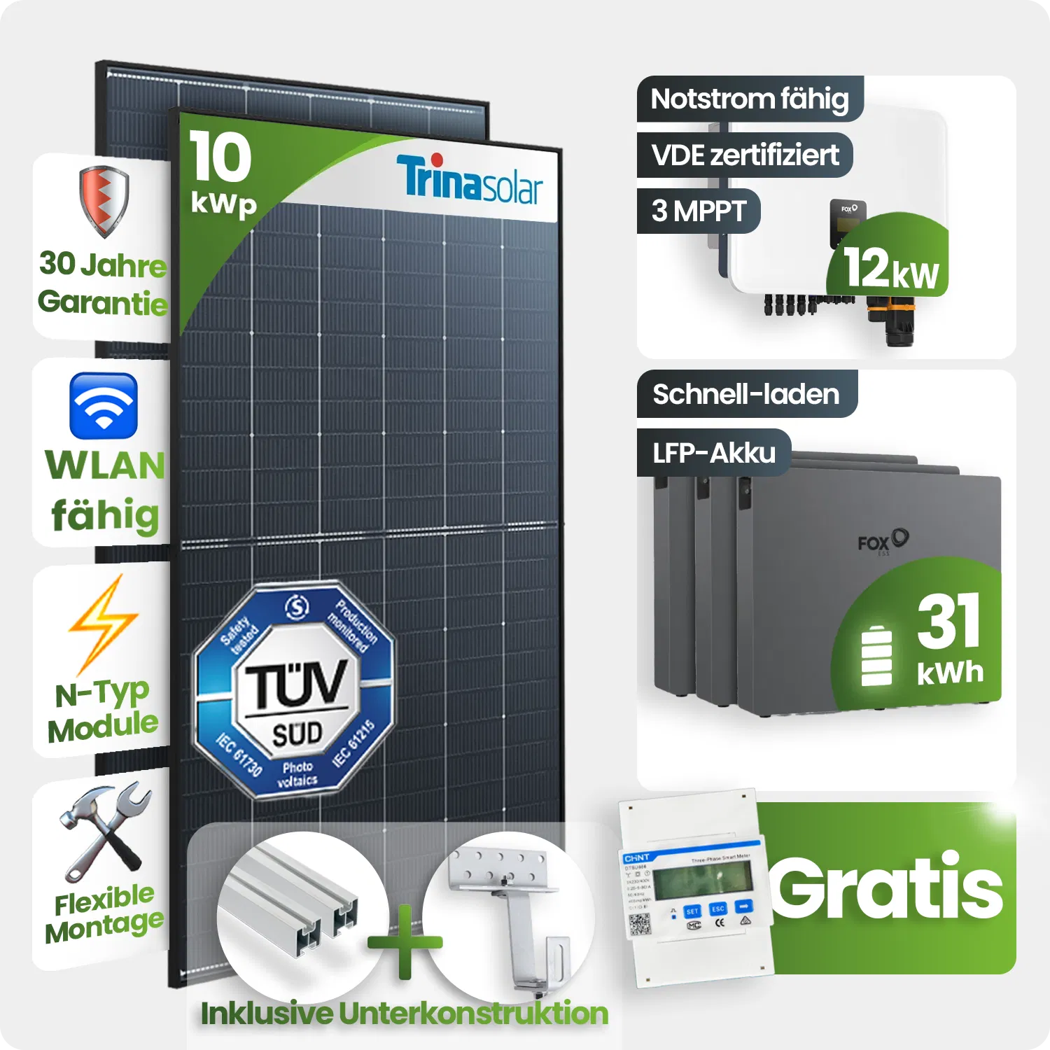 10 kWp FoxEss PV-Anlage 22x Trina 455Wp Glas-Glas 30 kWh Speicher inkl. Smart Meter - Notstromfähig 10 kWp FoxEss PV-Anlage 22x Trina 455Wp Glas-Glas 30 kWh Speicher inkl. Smart Meter - Notstromfähig