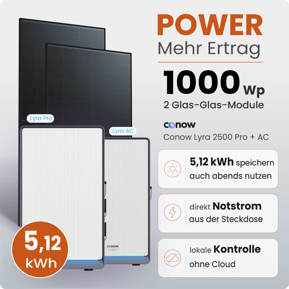 Tepto 1000W Balkonkraftwerk MaxPower mit 5,12 kWh Speicher Conow Lyra Pro + AC