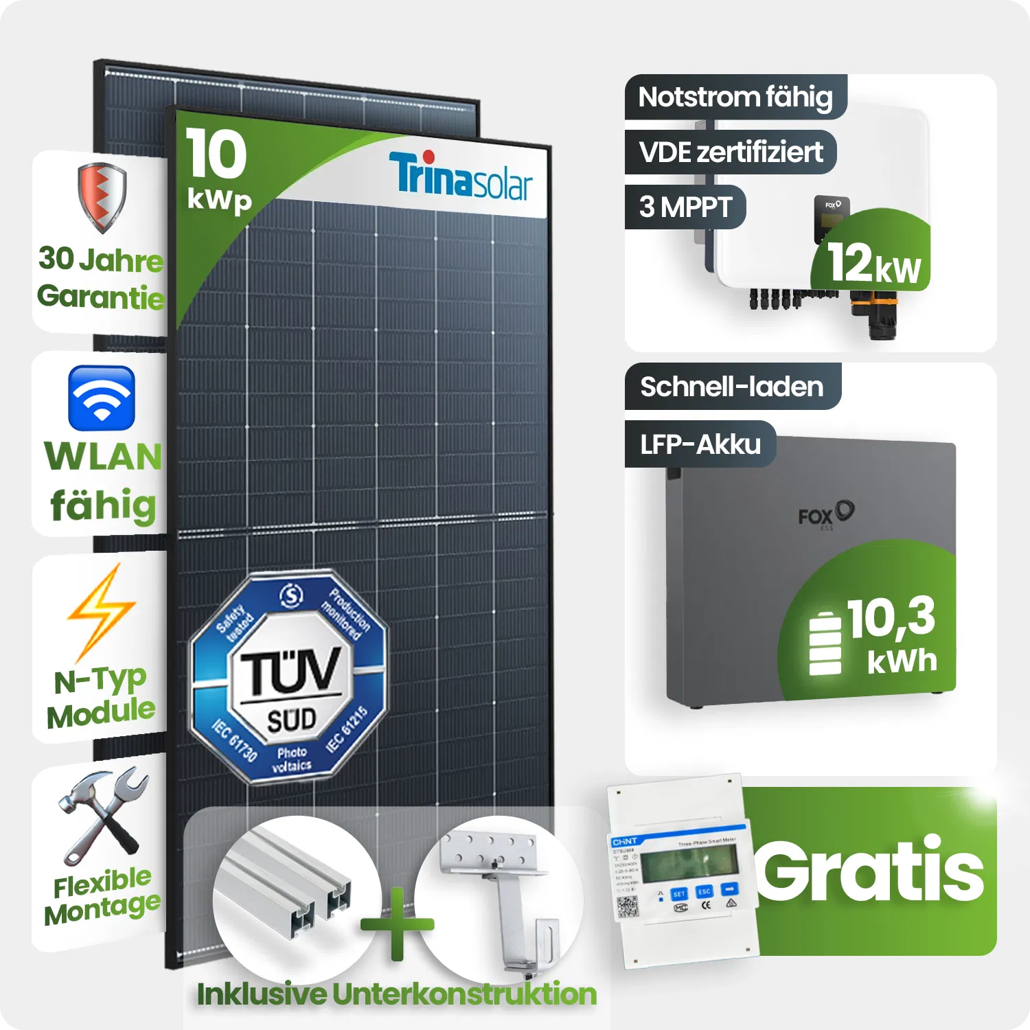 10 kWp FoxEss PV-Anlage 22x Trina 455Wp Glas-Glas 10kWh Speicher inkl. Smart Meter - Notstromfähig 10 kWp FoxEss PV-Anlage 22x Trina 455Wp Glas-Glas 10kWh Speicher inkl. Smart Meter - Notstromfähig