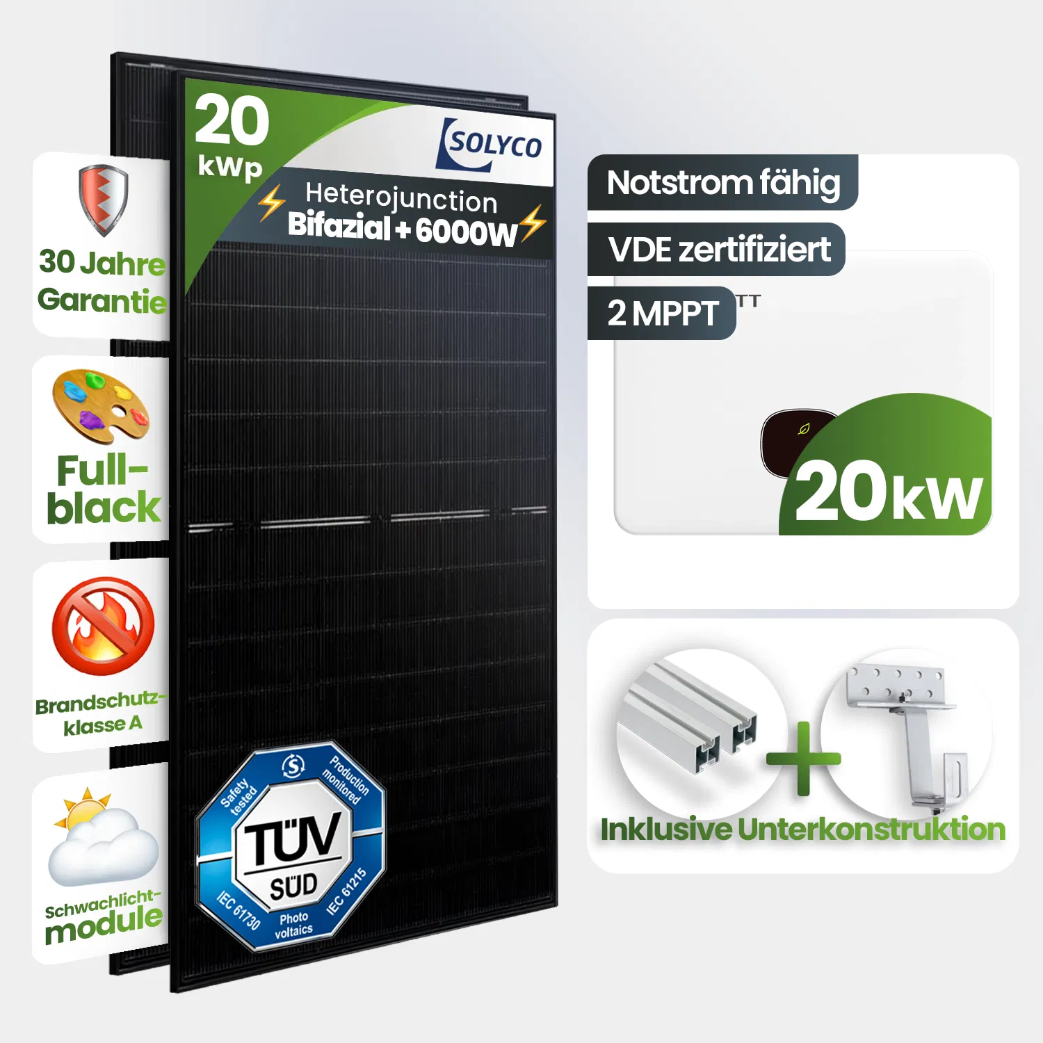 20 kWp Growatt PV-Anlage 40x Solyco 500Wp HJT Bifazial Fullblack Speicherfähig 20 kWp Growatt PV-Anlage 40x Solyco 500Wp HJT Bifazial Fullblack Speicherfähig