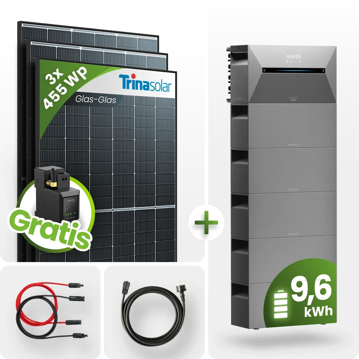 1365Wp Balkonkraftwerk 9,6kWh Speicher Anker Solarbank 2 - 3x455Wp Trina Black Frame