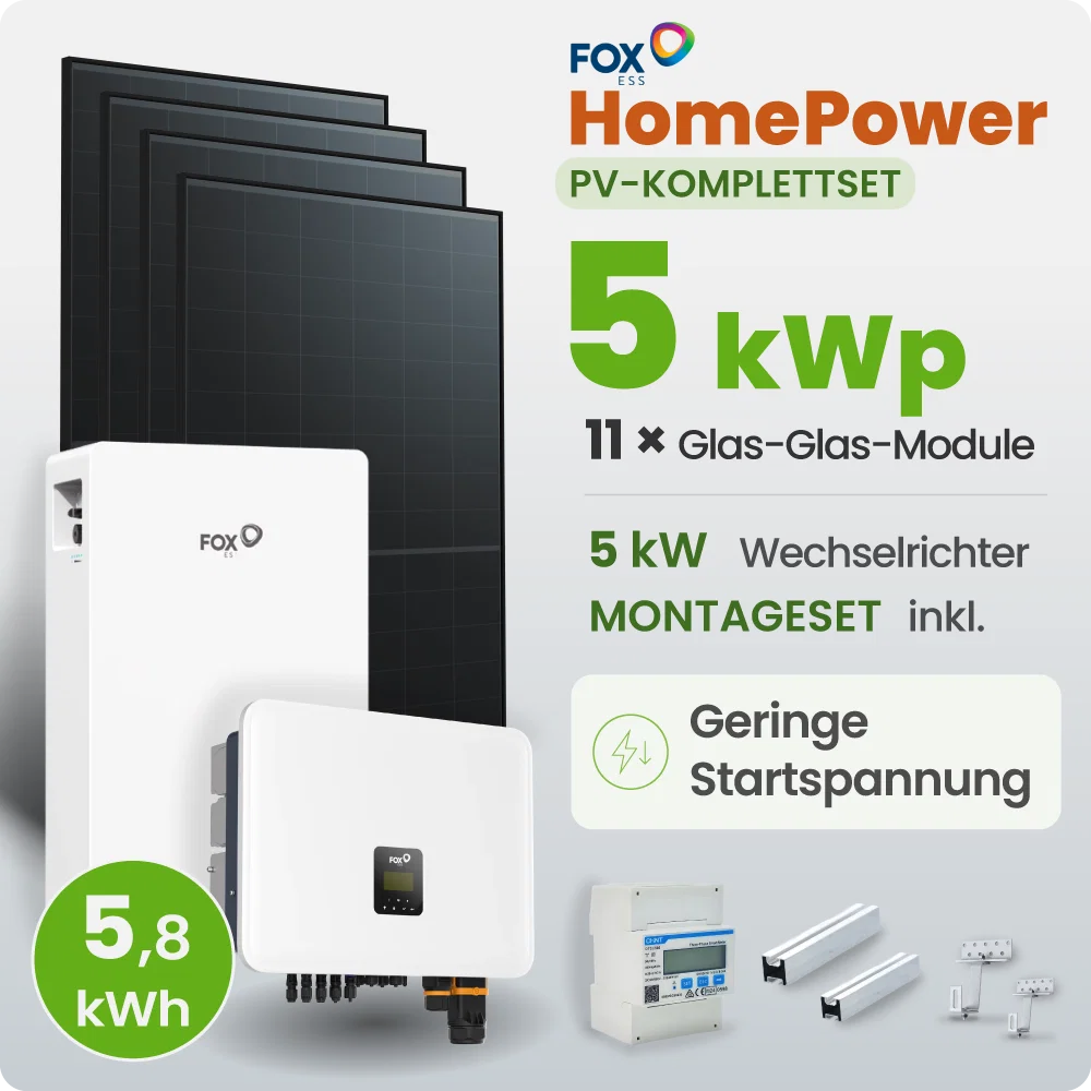 5 kWp FoxEss PV-Anlage 11x 460Wp Fullblack 5kWh Speicher Notstromfähig Speicher erweiterbar