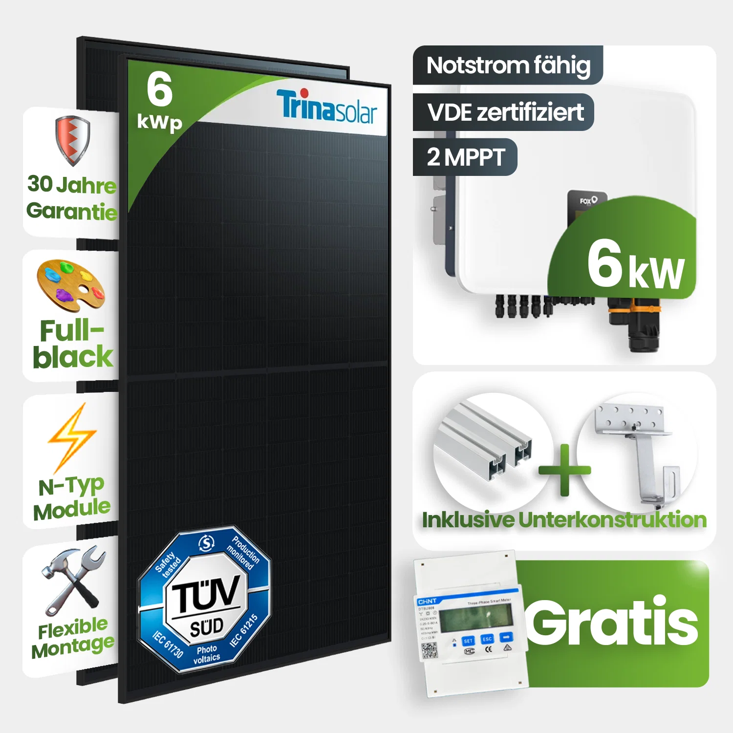 6kWp FoxEss PV-Anlage 13x Trina 455Wp Glas-Glas Fullblack Schrägdachmontage 10 kWh Speicher inkl. Smart Meter
