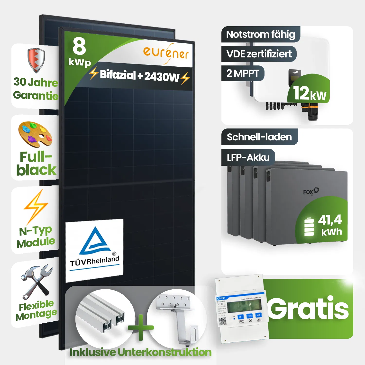 8kWp FoxEss PV-Anlage 18x Eurener 450Wp ULTRA Bifazial Schrägdachmontage 41 kWh Speicher inkl. Smart Meter