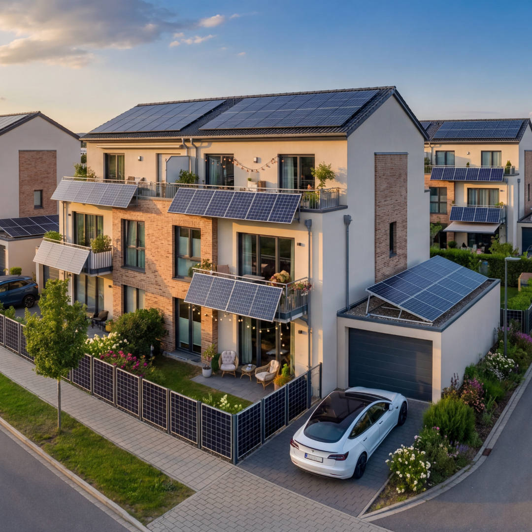 Solaranlage, Solarzellen, Haus, Mehrfamilienhaus, E-Auto