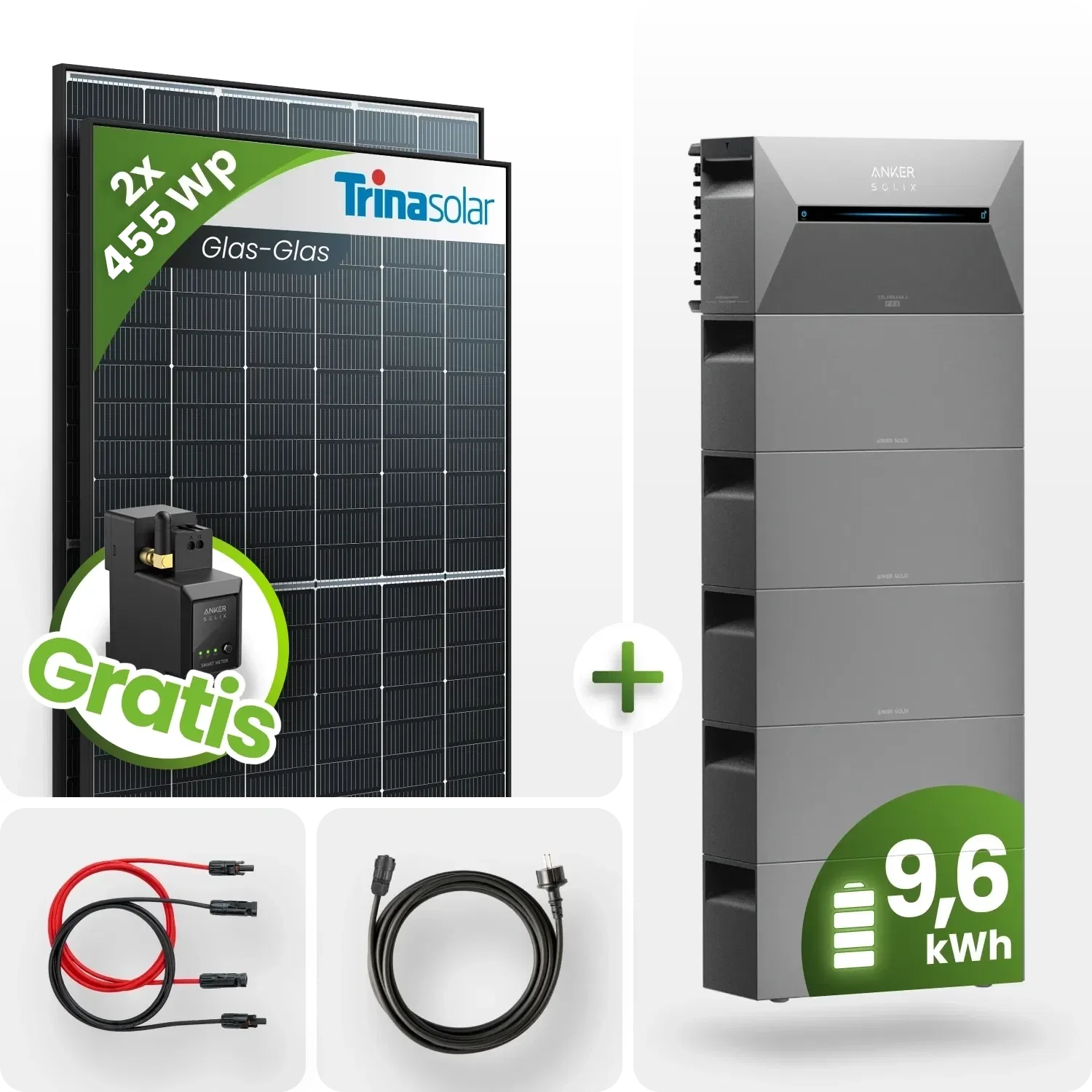 910Wp Balkonkraftwerk 9,6kWh Speicher Anker Solarbank 2 – 2x455Wp Trina Black Frame