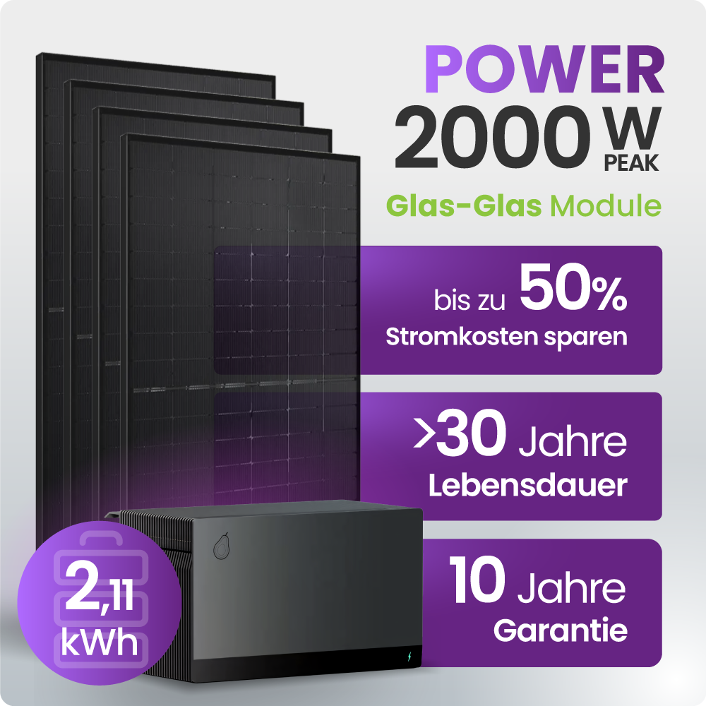 Solarmodule, Glas-Glas Modul, 2000W, Lebensdauer>30Jahre, Speicherbatterie 2,1 kWh