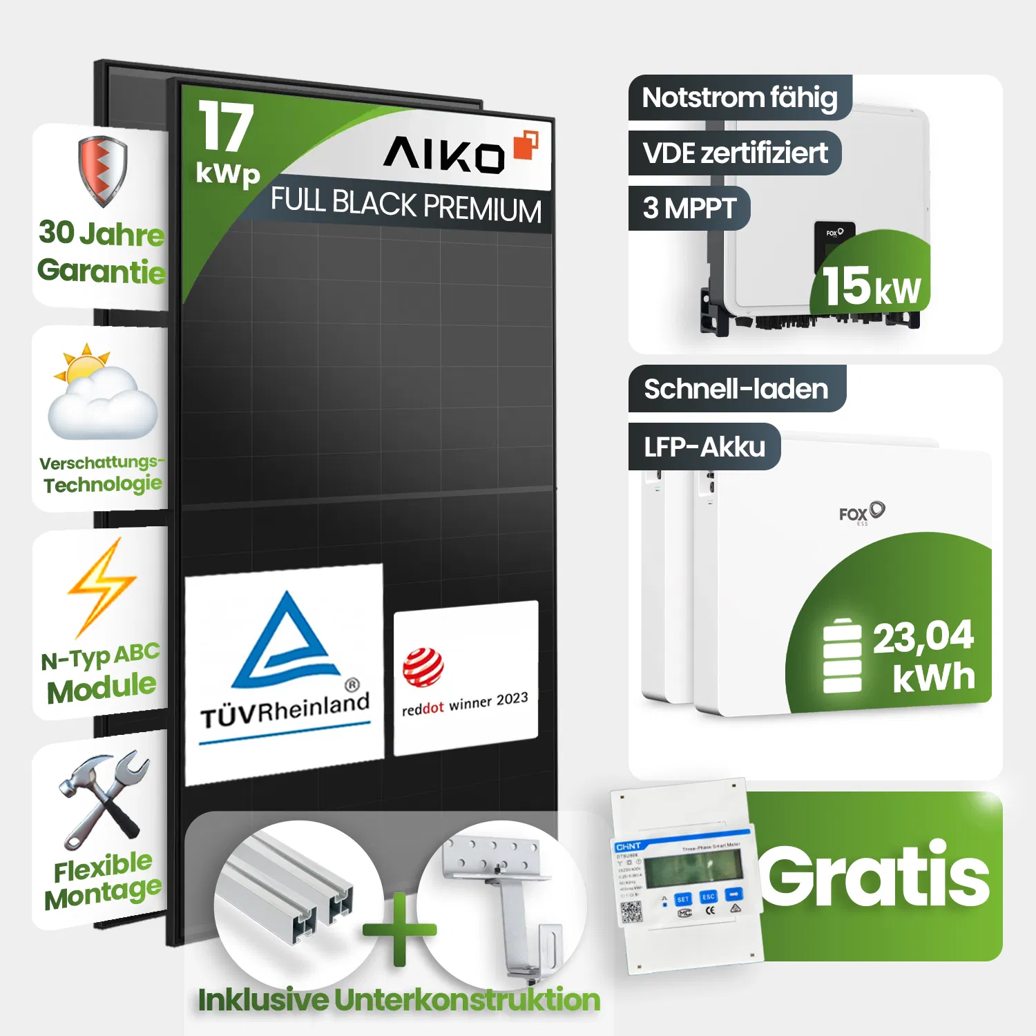 17 kWp PV-Anlage 37x Aiko 460Wp Fullblack Glas-Glas 23,04kWh Speicher Schrägdachmontage - Notstromfähig