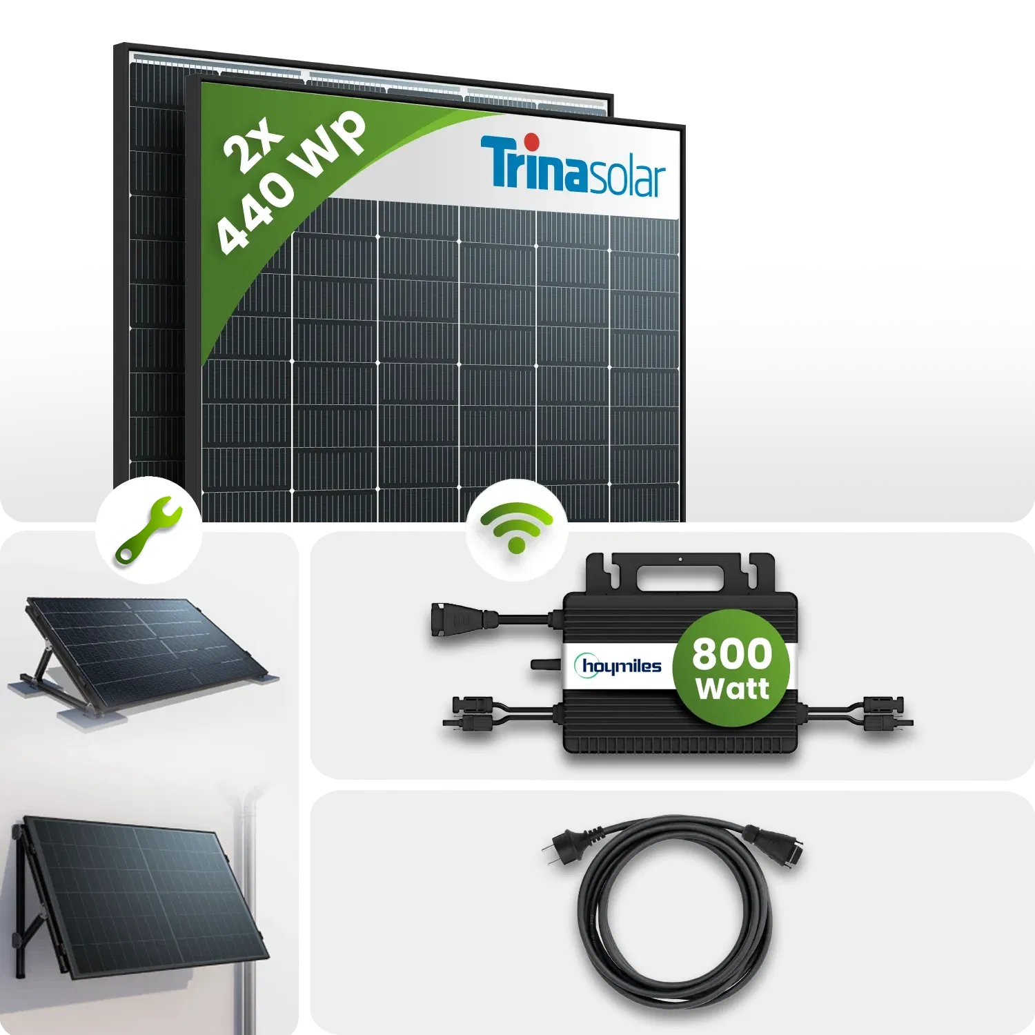 880Wp Central eléctrica de balcón 2x440Wp Trina Bifacial Black Frame Hoymiles HMS-800W Montaje en tejado plano/parede 880Wp Central eléctrica de balcón 2x440Wp Trina Bifacial Black Frame Hoymiles HMS-800W Montaje en tejado plano/parede