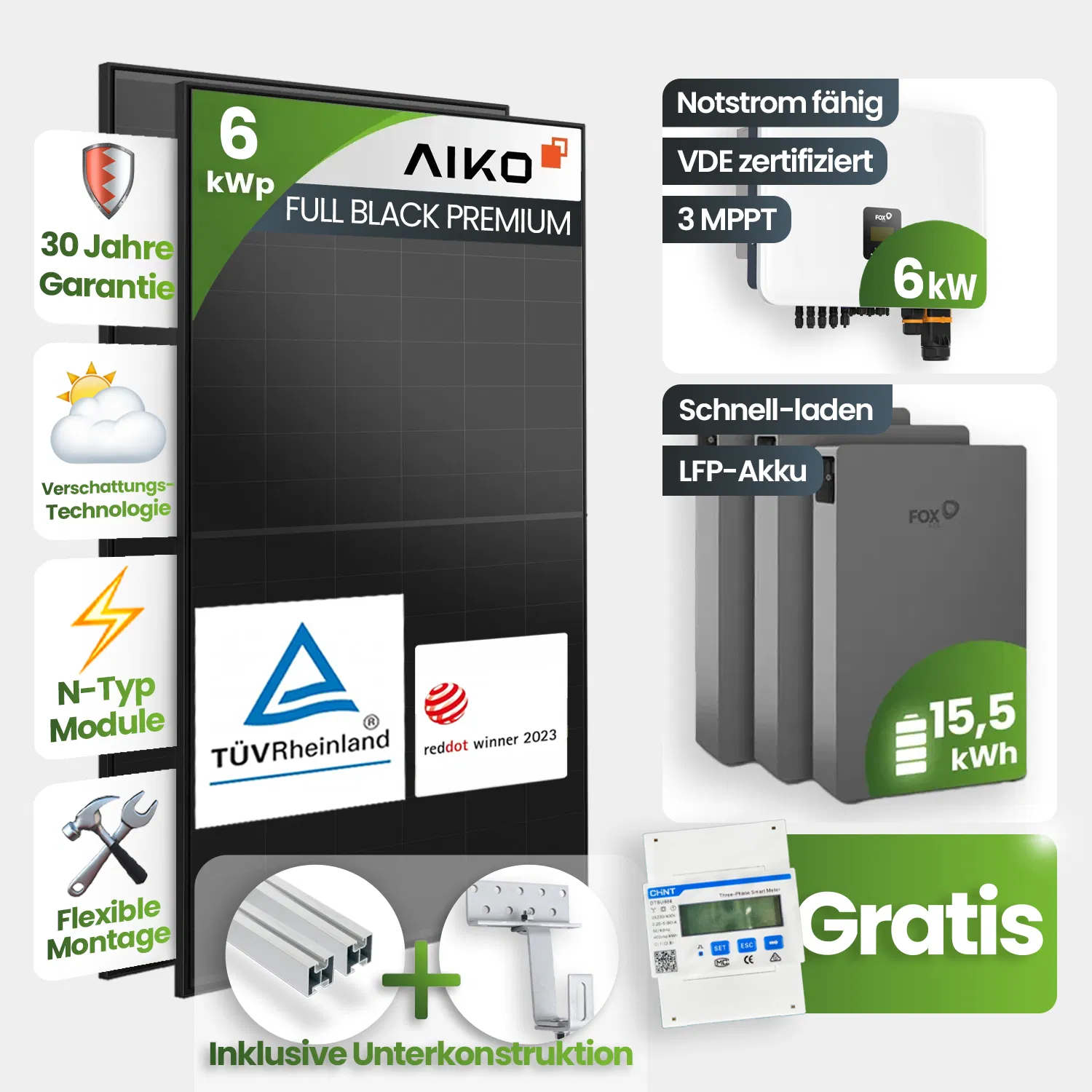6kWp FoxEss PV-Anlage 13x Aiko 460Wp Glas-Glas Fullblack Schrägdachmontage 15kWh Speicher inkl. Smart Meter 6kWp FoxEss PV-Anlage 13x Aiko 460Wp Glas-Glas Fullblack Schrägdachmontage 15kWh Speicher inkl. Smart Meter