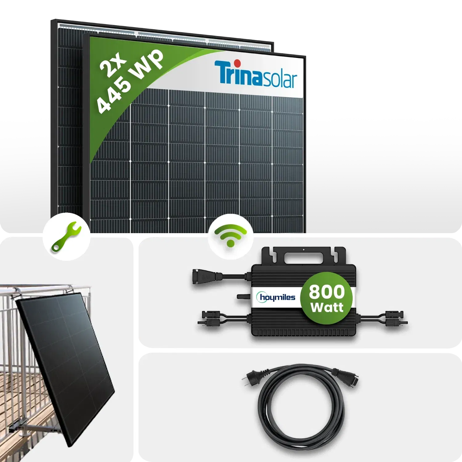890Wp Balkonkraftwerk 2x445Wp Trina Bifazial Black Frame Hoymiles HMS-800W mit Balkonmontage