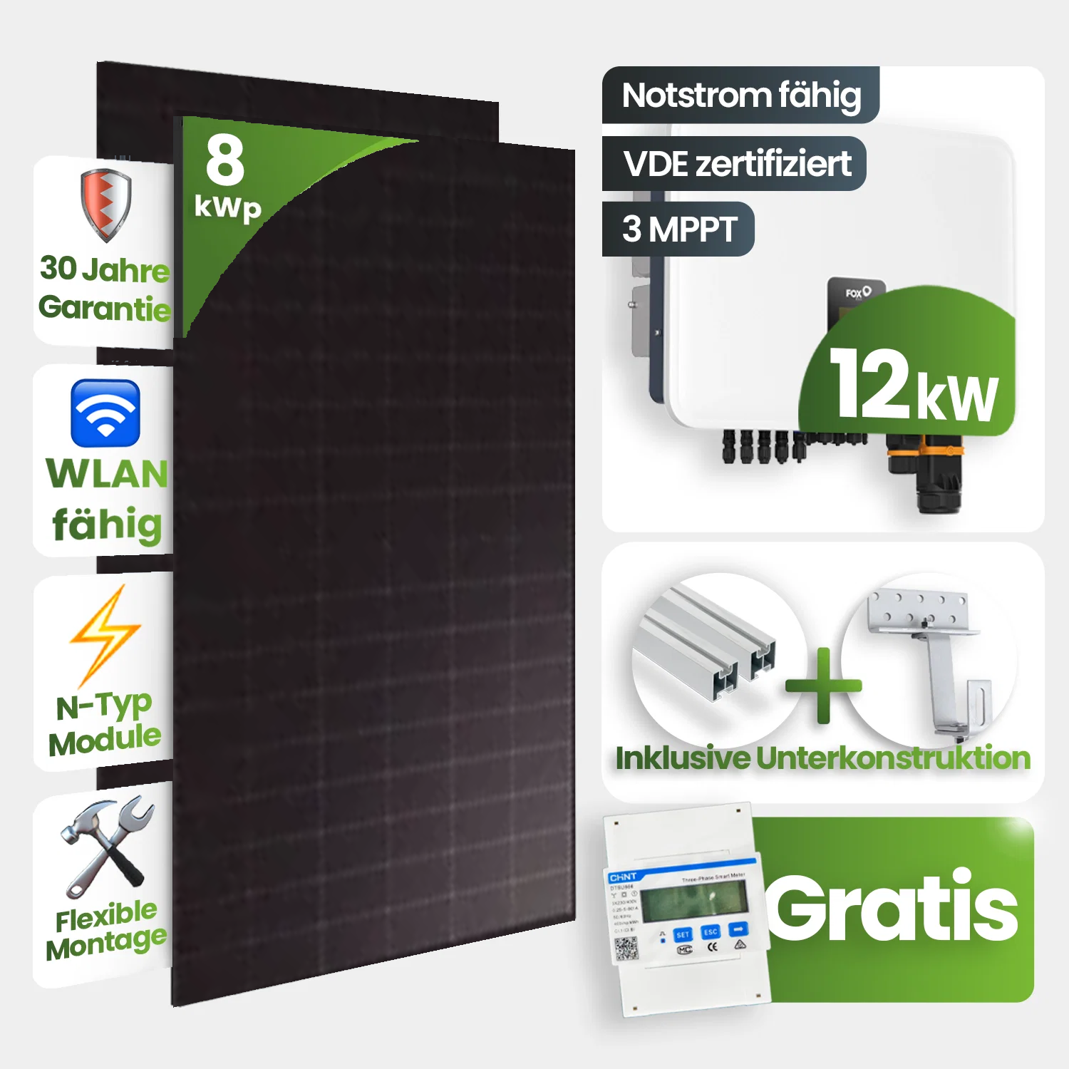 Solarmodul, Photovoltaik, 8 kWp, WLAN fähig, Flexible Montage